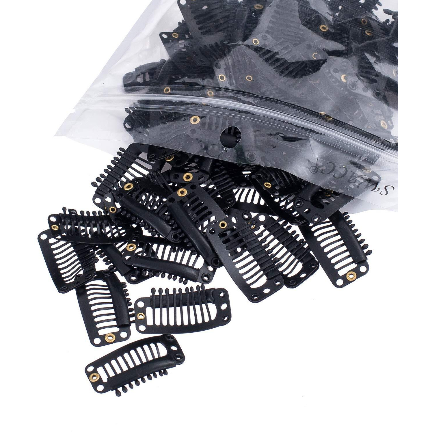 Swacc 100 Pcs U Shape Metailic Snap Clips Ins For Hair Extension Hairpiece Diy Snap-Comb Wig Clips With Rubber (Black  9-Teeth 6 Holes)