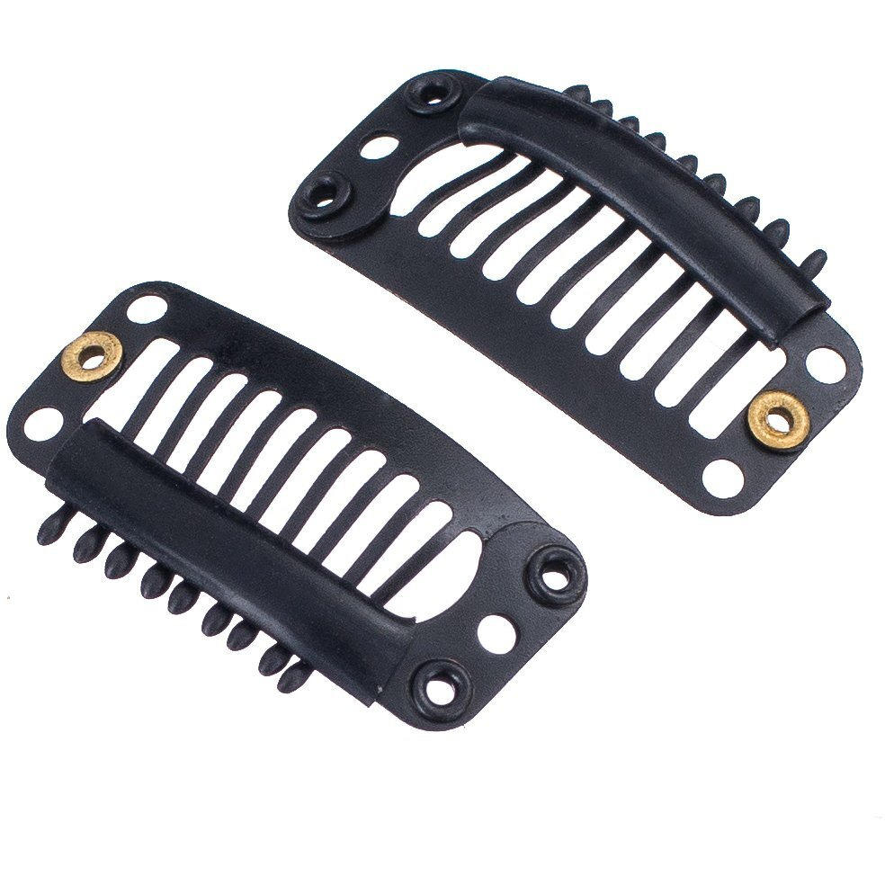 Swacc 100 Pcs U Shape Metailic Snap Clips Ins For Hair Extension Hairpiece Diy Snap-Comb Wig Clips With Rubber (Black  9-Teeth 6 Holes)