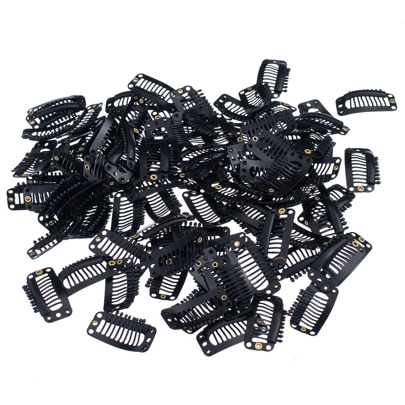 Swacc 100 Pcs U Shape Metailic Snap Clips Ins For Hair Extension Hairpiece Diy Snap-Comb Wig Clips With Rubber (Black  9-Teeth 6 Holes)