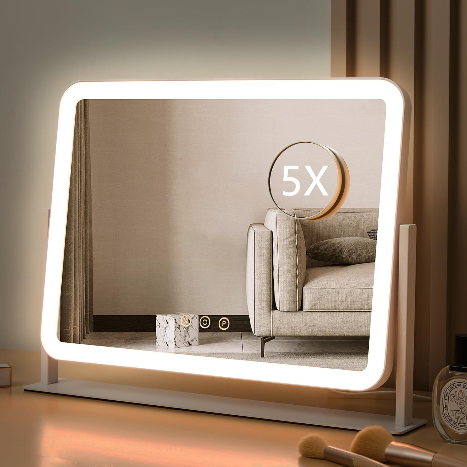Hieey Vanity Mirror With Lights  Lighted Makeup Mirror  Three Color Lighting Modes  And 5X Magnification Mirror  Smart Touch Control  360Rotation (15.7"" X 11.8"". White Gift Box)