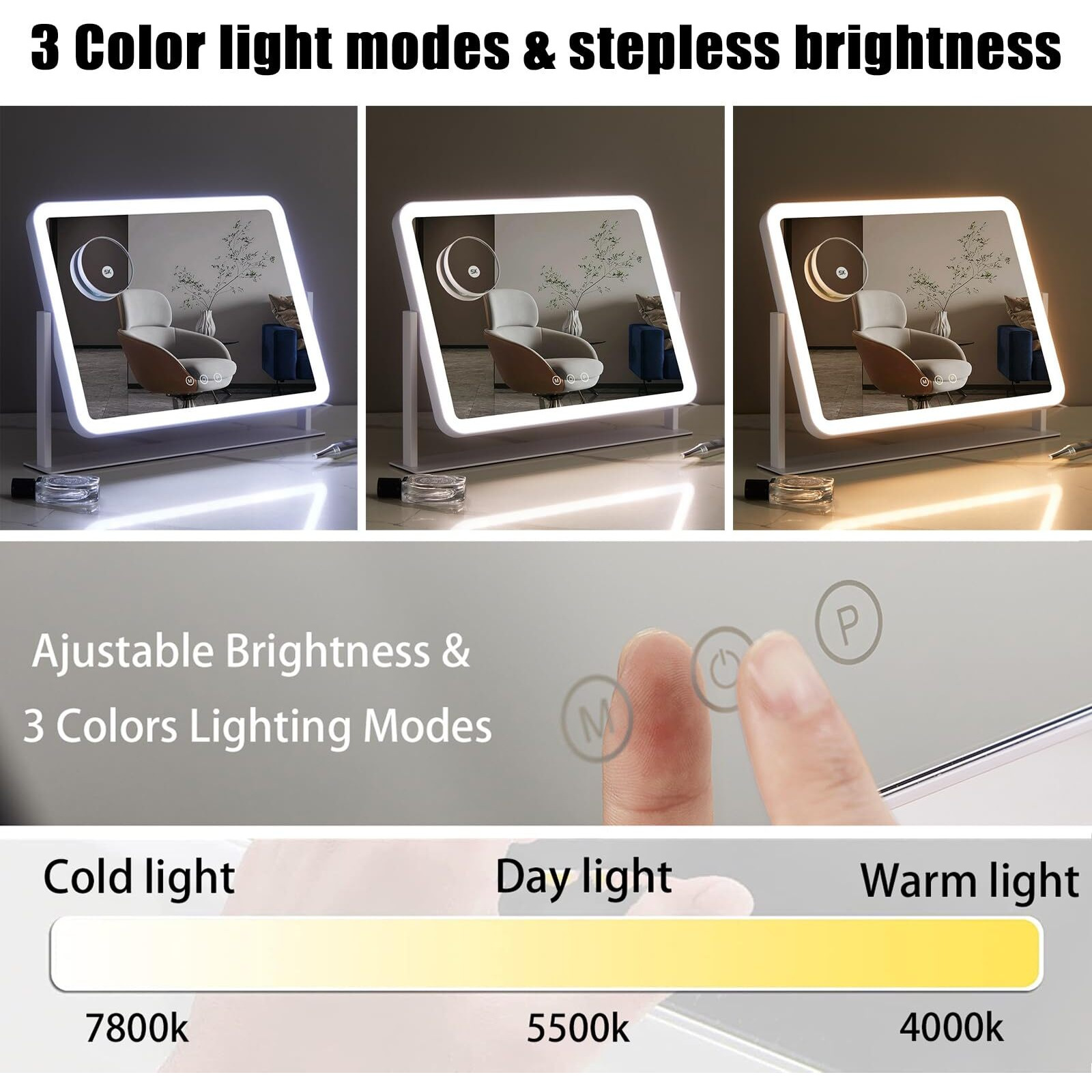Hieey Vanity Mirror With Lights  Lighted Makeup Mirror  Three Color Lighting Modes  And 5X Magnification Mirror  Smart Touch Control  360Rotation (15.7"" X 11.8"". White Gift Box)