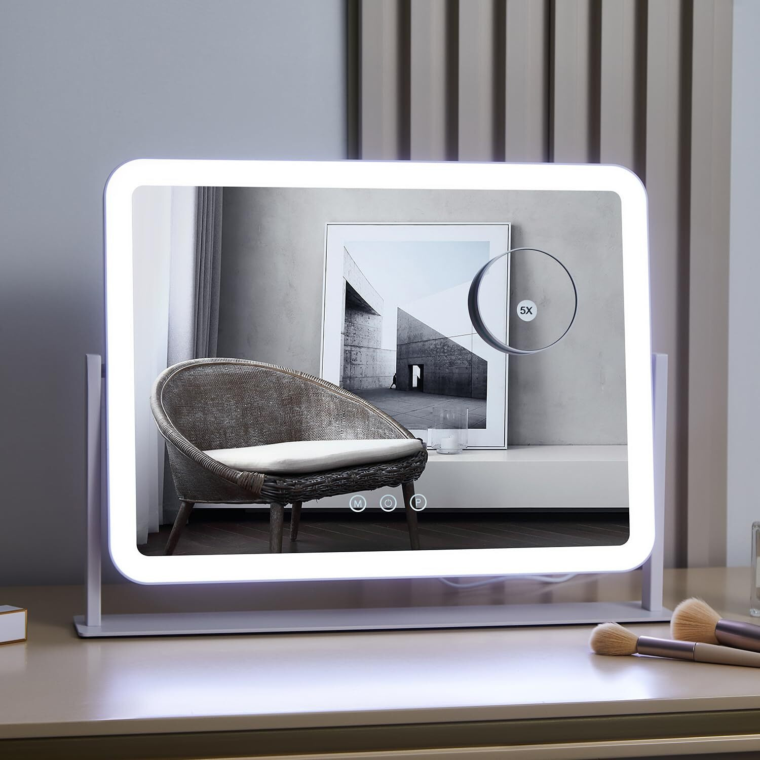 Hieey Vanity Mirror With Lights  Lighted Makeup Mirror  Three Color Lighting Modes  And 5X Magnification Mirror  Smart Touch Control  360Rotation (15.7"" X 11.8"". White Gift Box)