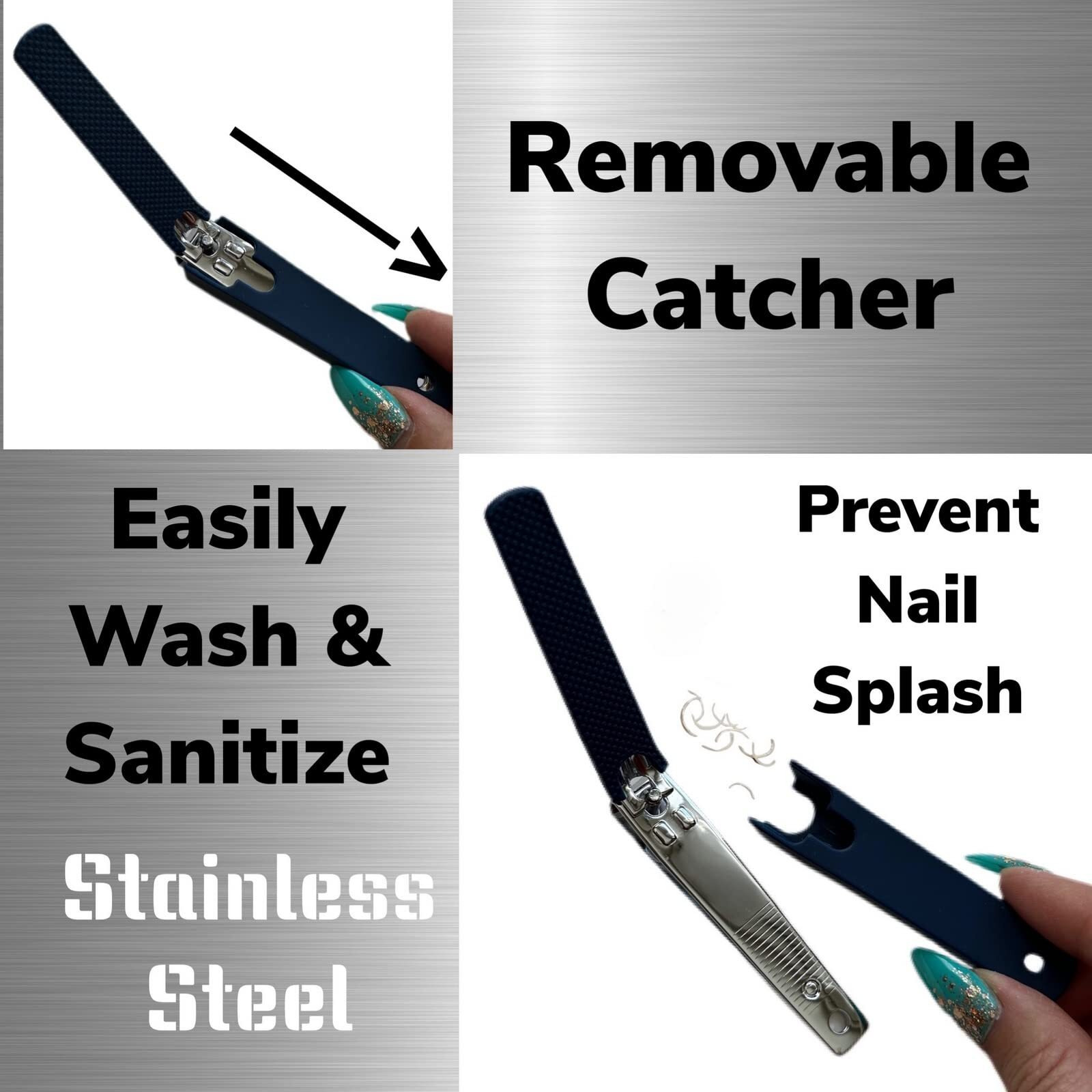 2 Comfort Hold Navy Large Nail Clippers Non-Slip Sure Grip Clipping Removable Catcher Toenails Fingernails Cutter Sharp Trimmer Stainless Steel Men Women Arthritis Unsteady Hands
