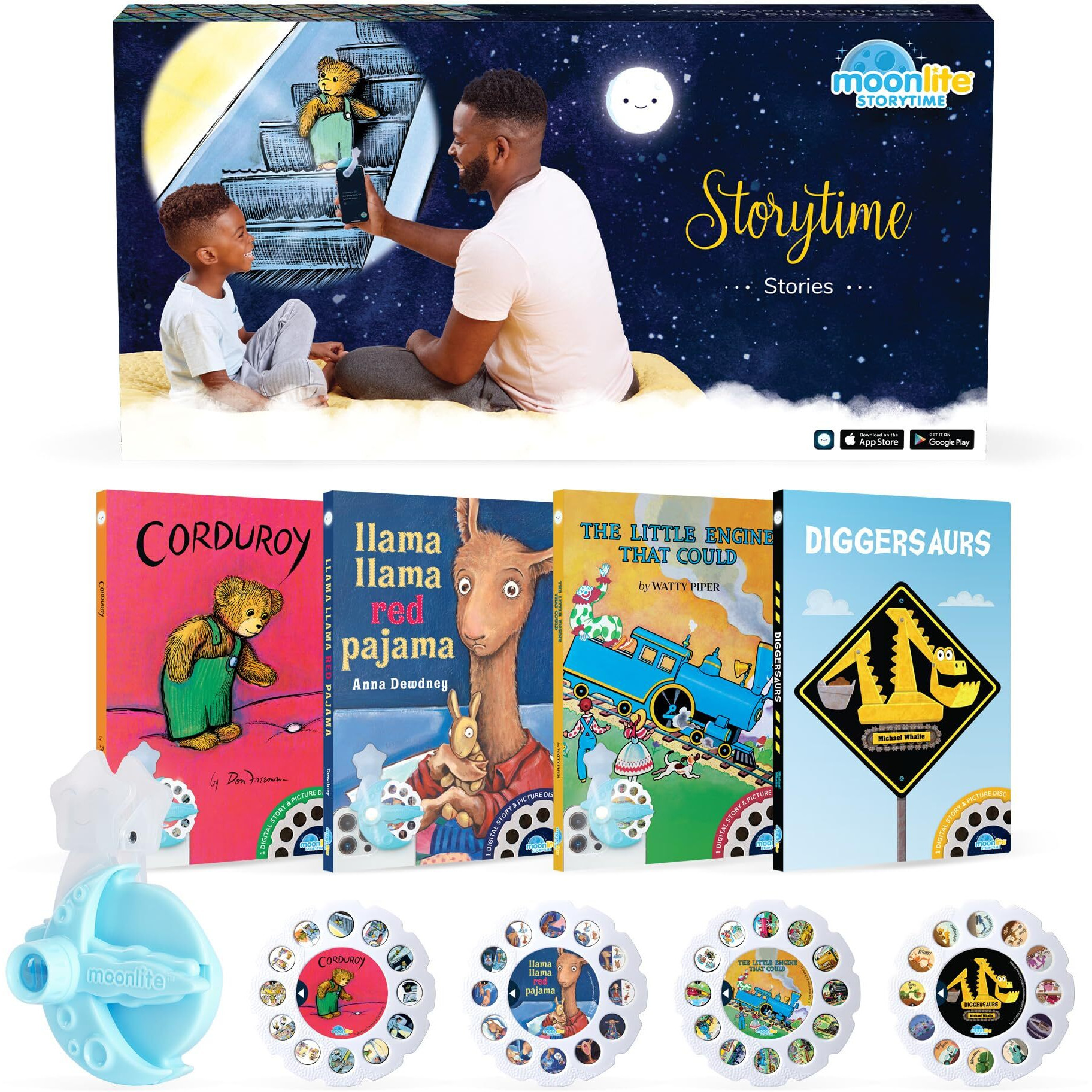 Moonlite Storytime Mini Projector With 4 Classic Stories  A Magical Way To Read  Digital Storybooks  Corduroy  Llama Llama  Diggersaurs  And The Little Engine That Could