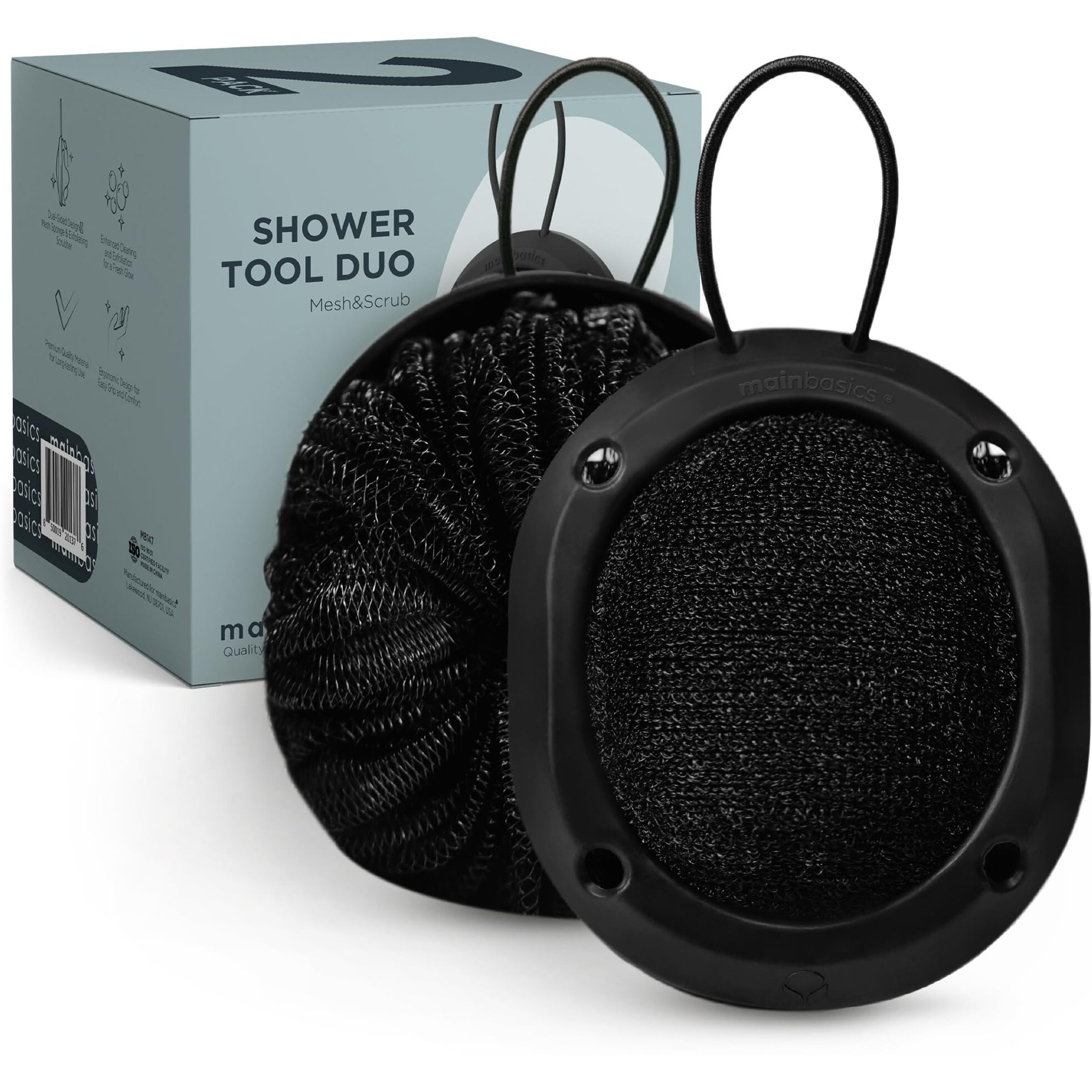 Mainbasics Shower Tool Duo 2-1 Shower Loofah Sponge And Exfoliating Body Scrubber (2 Pack)