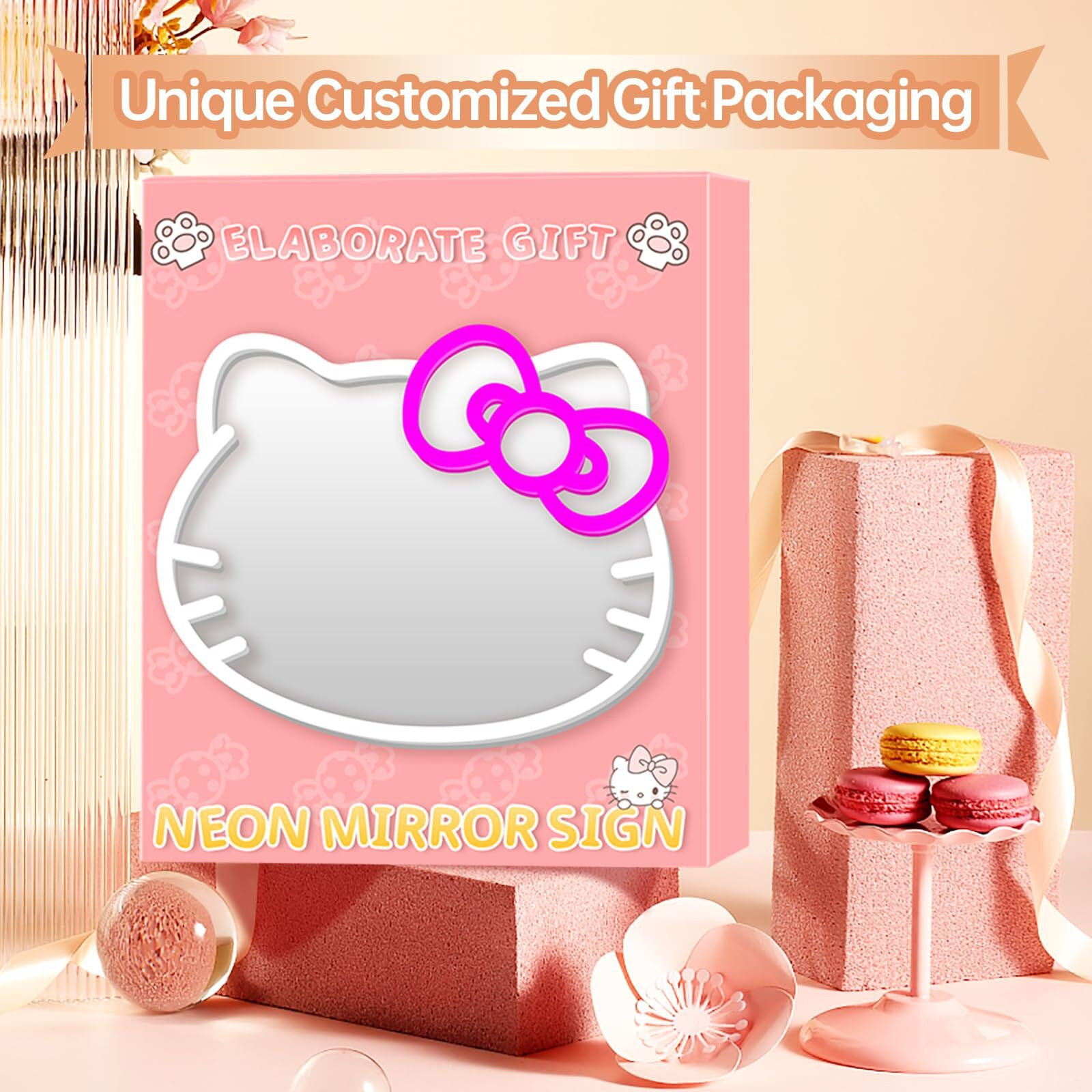 Mcjsgsp Anime Hello Kit Cat Neon Sign Mirror L16.1 W14 Vanity Mirror With Lights Bedroom Wall Mirror For Pink Room Decor And A Makeup Mirror With Lights Teen Girl Gifts