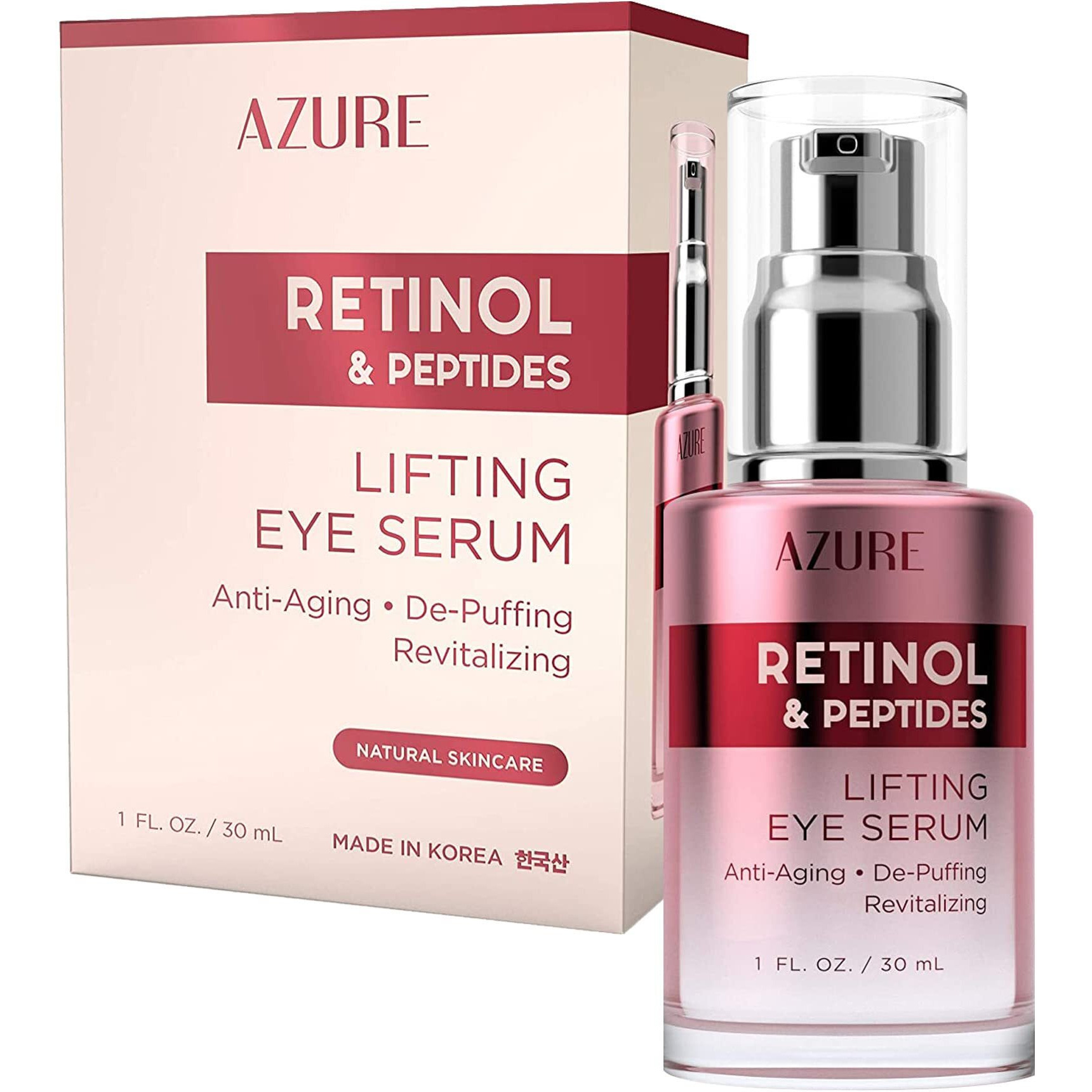 Azure Retinol & Peptides Lifting Eye Serum - Anti Aging  De-Puffing & Revitalizing - Reduces Wrinkles  Fine Lines & Dark Under Eye Bags - Calms & Soothes - Made In Korea - 30Ml / 1 Fl.Oz.