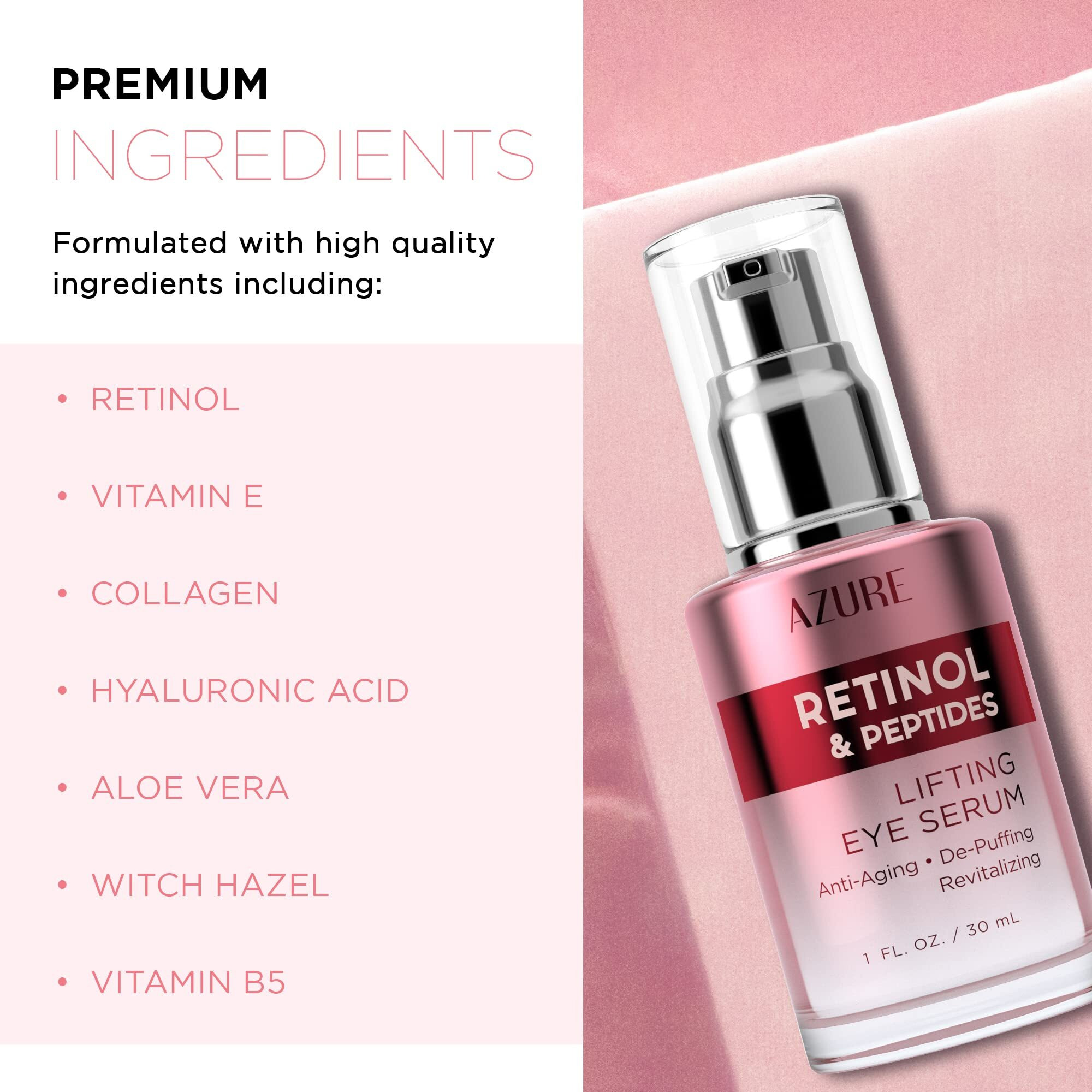 Azure Retinol & Peptides Lifting Eye Serum - Anti Aging  De-Puffing & Revitalizing - Reduces Wrinkles  Fine Lines & Dark Under Eye Bags - Calms & Soothes - Made In Korea - 30Ml / 1 Fl.Oz.