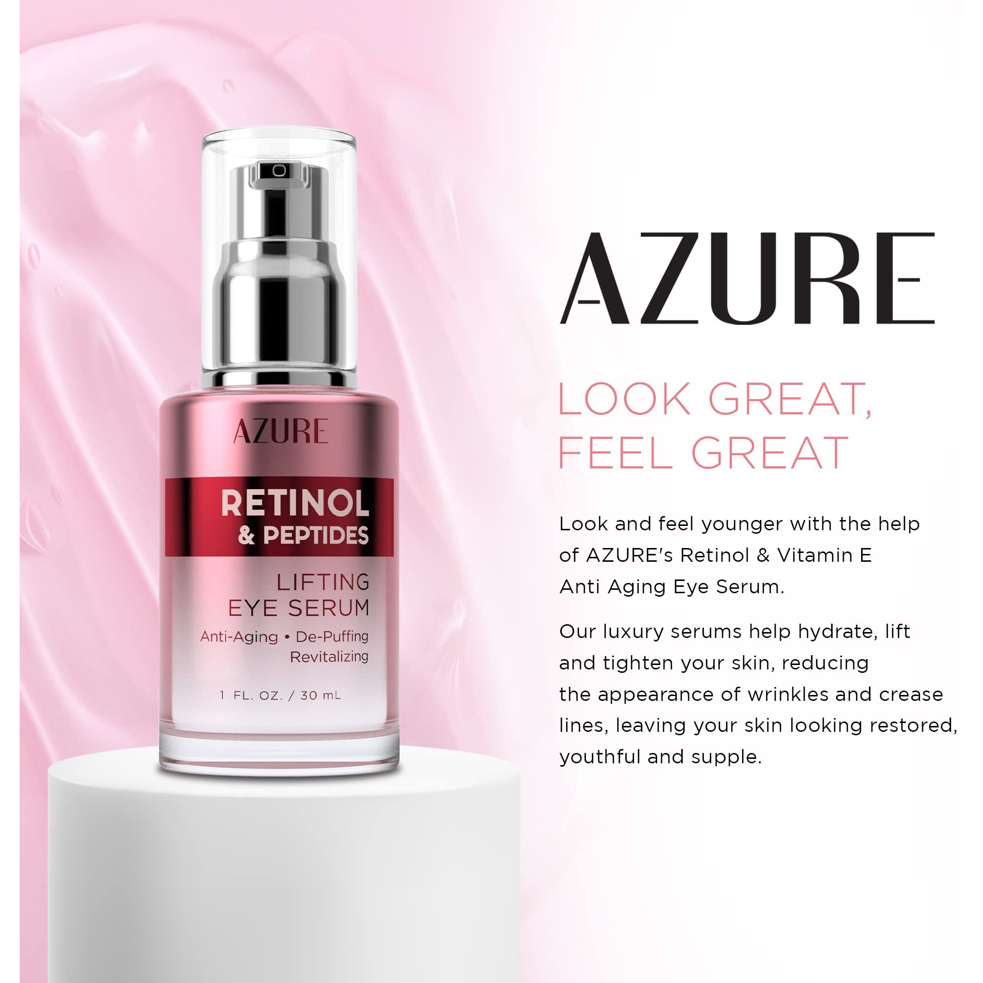 Azure Retinol & Peptides Lifting Eye Serum - Anti Aging  De-Puffing & Revitalizing - Reduces Wrinkles  Fine Lines & Dark Under Eye Bags - Calms & Soothes - Made In Korea - 30Ml / 1 Fl.Oz.