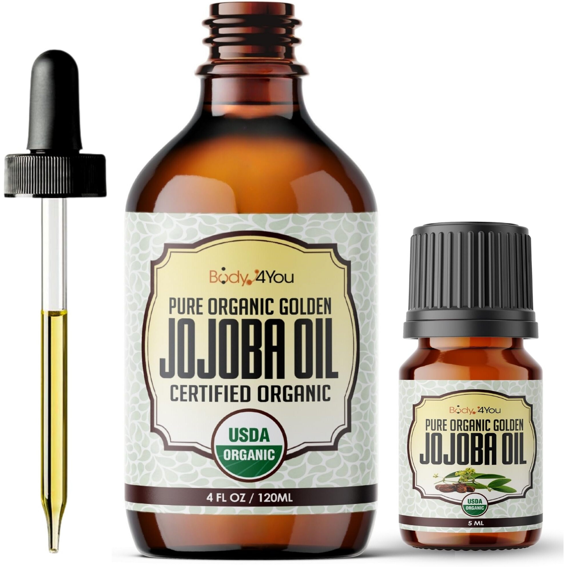 Bodyj4You Usda Organic Jojoba Oil | 100% Pure Natural Face Body Hair Anti-Aging Oil | Premium Grade Oil Cold-Pressed Hexane-Free | Base Carrier Oil | 4.22 Fl Oz