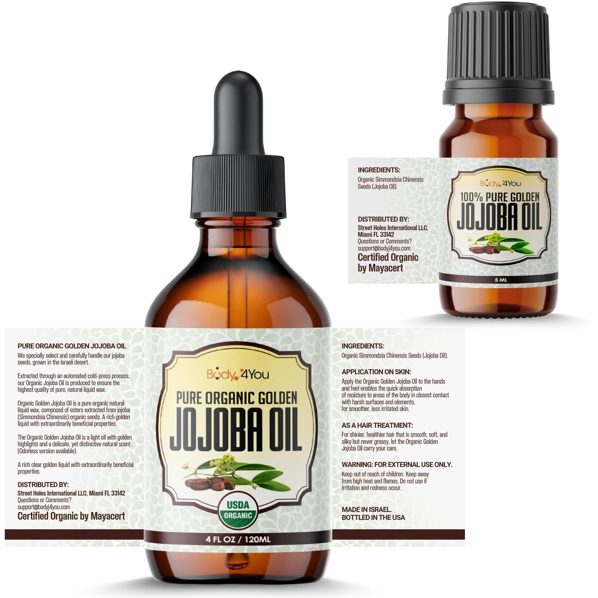 Bodyj4You Usda Organic Jojoba Oil | 100% Pure Natural Face Body Hair Anti-Aging Oil | Premium Grade Oil Cold-Pressed Hexane-Free | Base Carrier Oil | 4.22 Fl Oz