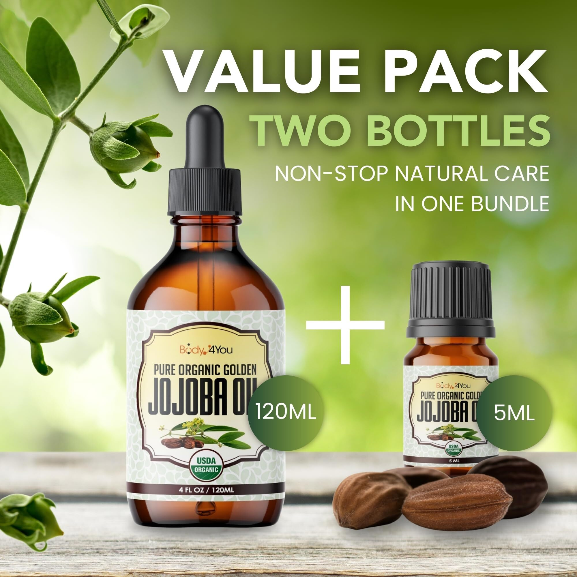 Bodyj4You Usda Organic Jojoba Oil | 100% Pure Natural Face Body Hair Anti-Aging Oil | Premium Grade Oil Cold-Pressed Hexane-Free | Base Carrier Oil | 4.22 Fl Oz