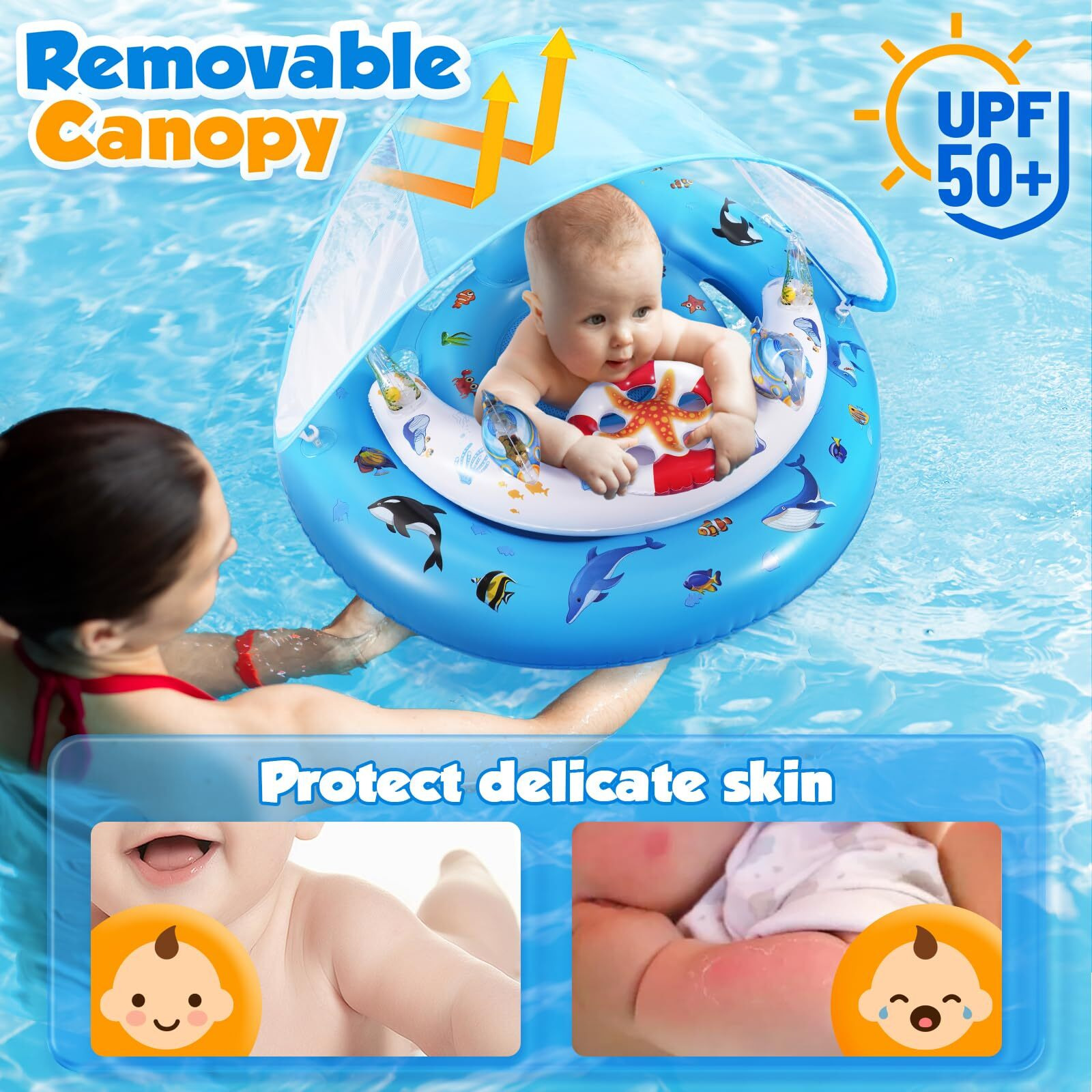 Baby Pool Float With Canopy  Infant Pool Float For 6-24 Months  Baby Swimming Float  Toddler Pool Float With Upf50+ Sun Protection Canopy & Toy Play Console  Adjustable Safety Seat