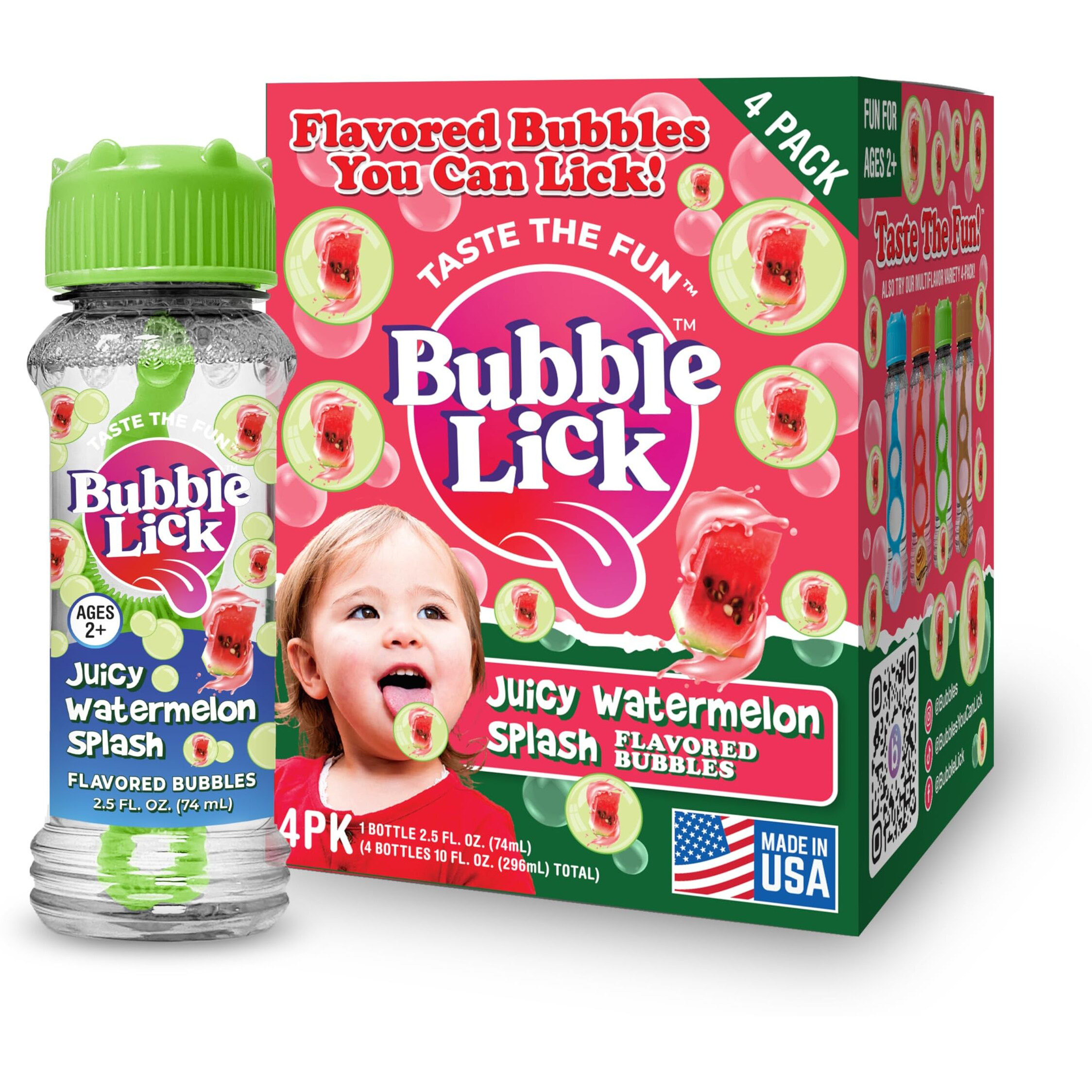 Bubblelick Juicy Watermelon Splash (2.5 Fl Oz  4-Pack)  Edible Bubbles For Kids And Dogs - Natural Flavor  Great For Toys & Refillable Bubble Solution