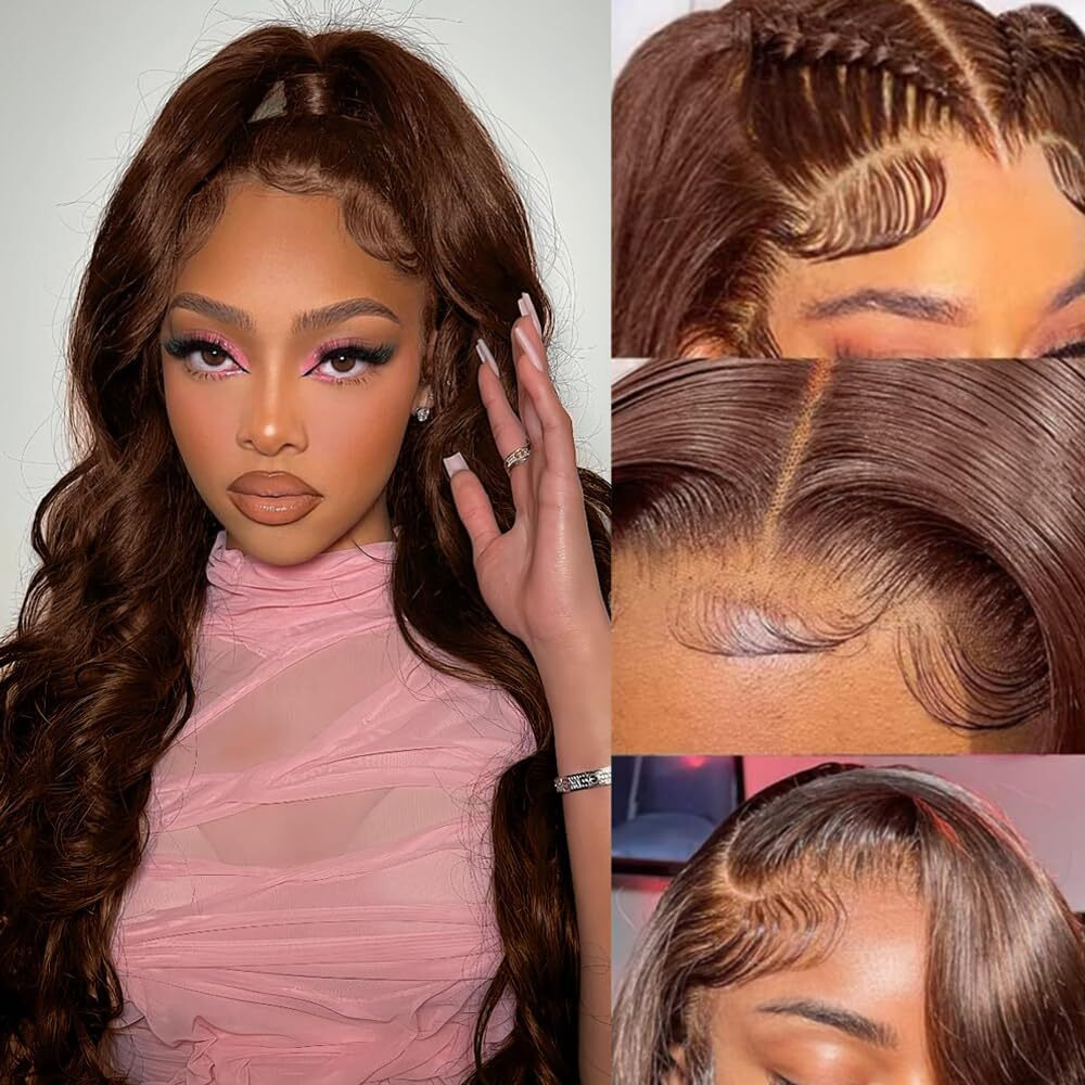 13X6 Chocolate Brown Lace Front Wig Human Hair Hd Transparent Body Wave Lace Front Wigs Human Hair Pre Plucked Glueless Frontal Brown Wig Human Hair 180 Density 4. (13X6 Chocolate Brown Wig  28Inch)