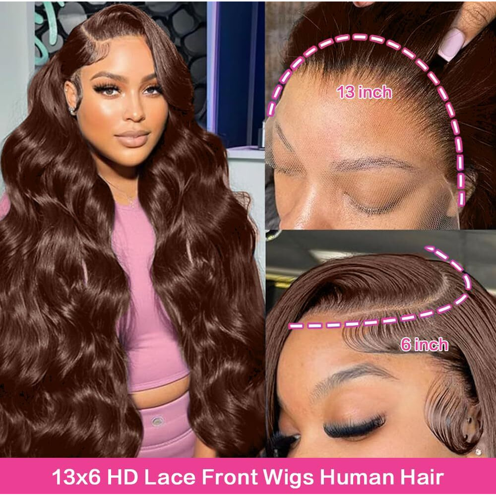 13X6 Chocolate Brown Lace Front Wig Human Hair Hd Transparent Body Wave Lace Front Wigs Human Hair Pre Plucked Glueless Frontal Brown Wig Human Hair 180 Density 4. (13X6 Chocolate Brown Wig  28Inch)