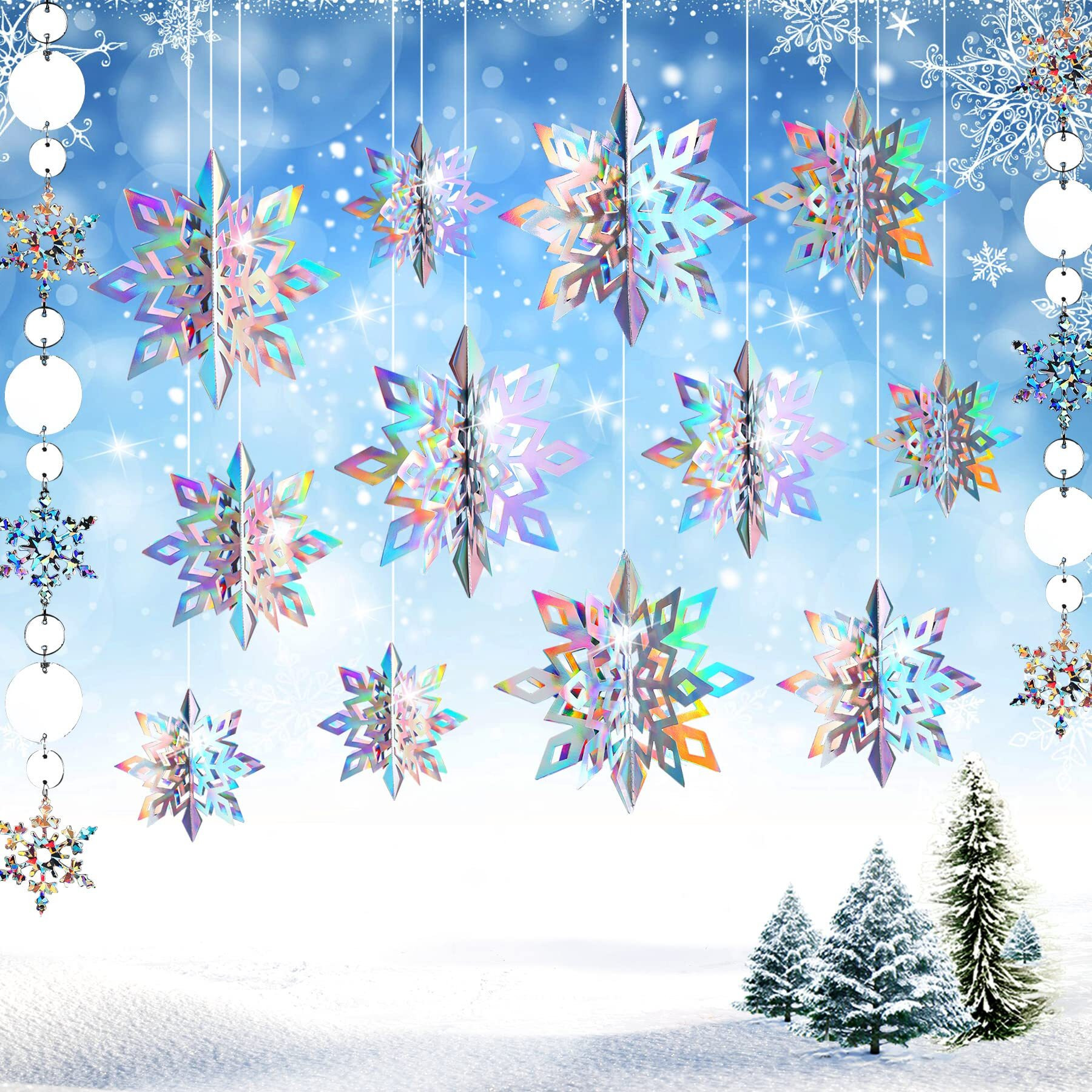 Julmelon 12Pcs Frozen 3D Hanging Snowflakes Decorations  Holographic Snowflakes Garland Silver Snowflakes For Winter Wonderland Decorations Frozen Birthday Party Supplies