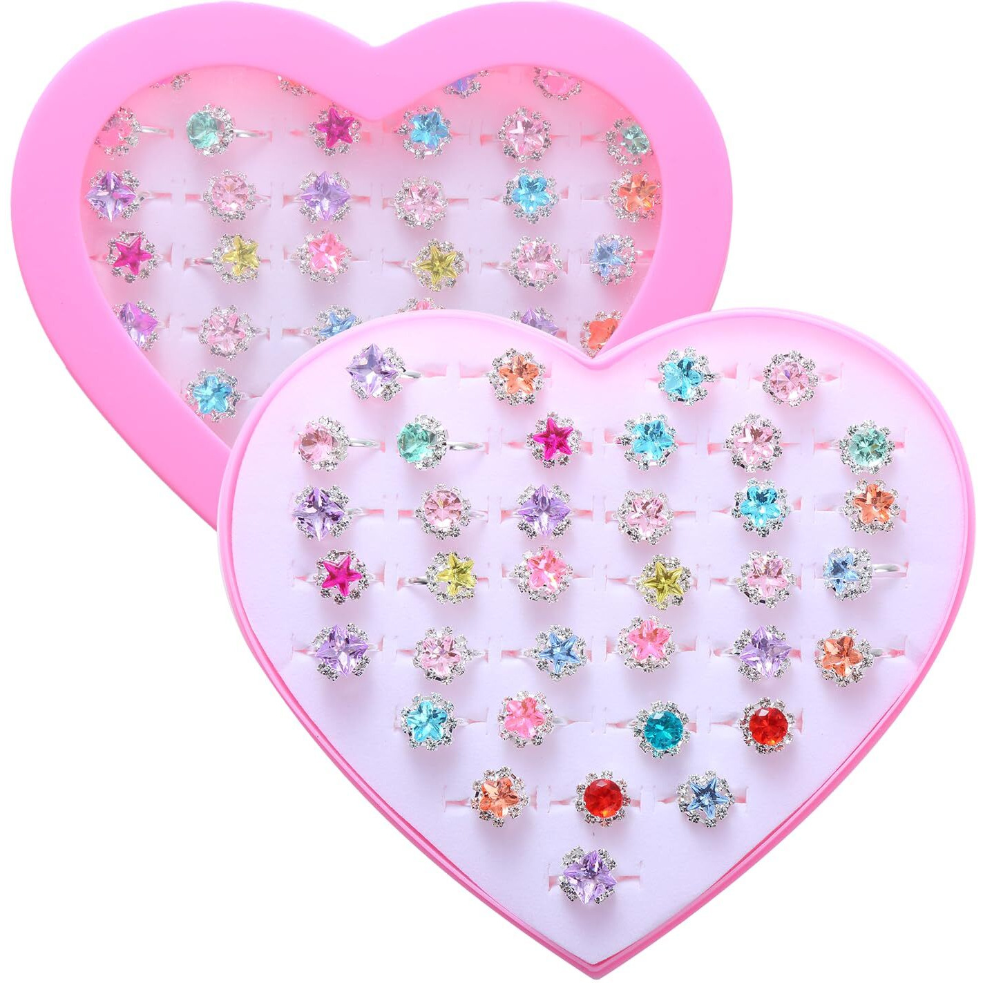 Pasemm 36Pcs Little Girl Rhinestone Gem Rings Adjustable Random Color Style Diamond Kids Play Rings In Box Pretend Play And Dress Up Rings For 4-12 Year Old Girl Birthday Gifts  3 4 5 6 7 8 9 10 11 12