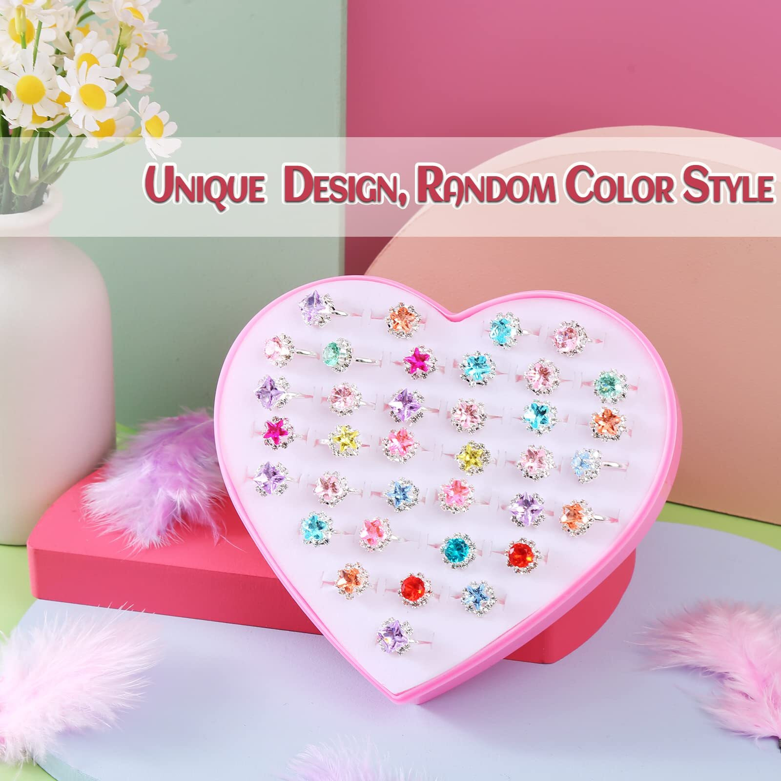 Pasemm 36Pcs Little Girl Rhinestone Gem Rings Adjustable Random Color Style Diamond Kids Play Rings In Box Pretend Play And Dress Up Rings For 4-12 Year Old Girl Birthday Gifts  3 4 5 6 7 8 9 10 11 12