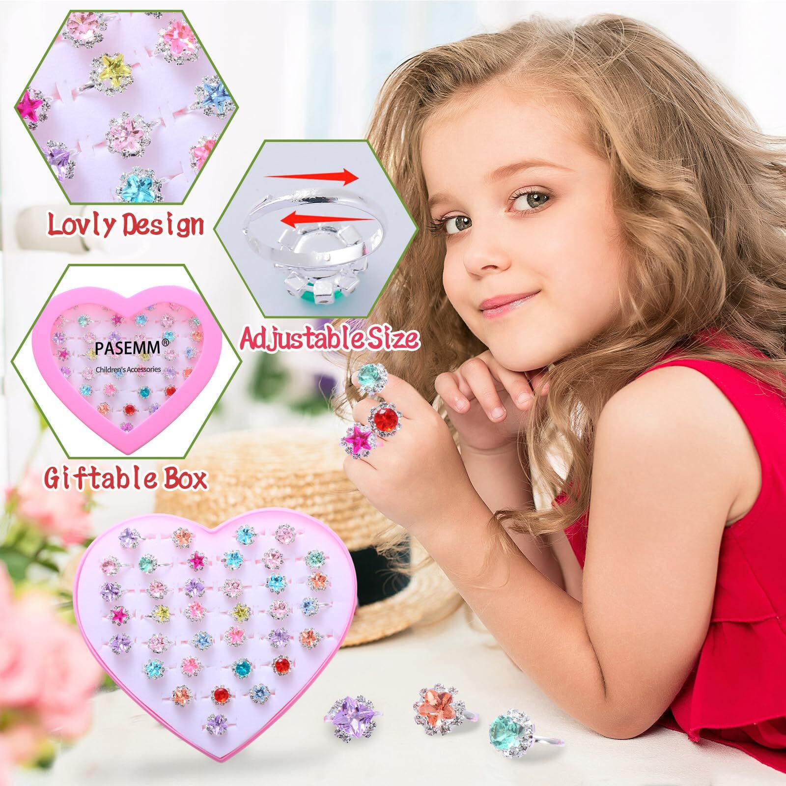 Pasemm 36Pcs Little Girl Rhinestone Gem Rings Adjustable Random Color Style Diamond Kids Play Rings In Box Pretend Play And Dress Up Rings For 4-12 Year Old Girl Birthday Gifts  3 4 5 6 7 8 9 10 11 12