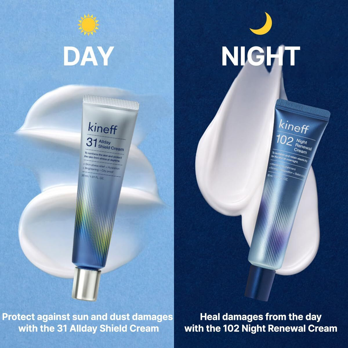 Kineff Dermacycle Program All-Day & Night 2-Pack Cream For Face  31 All-Day Shield Cream & 102 Night Renewal Cream  Centella Asiatica And Niacinamide  Korean Skincare (New Package)