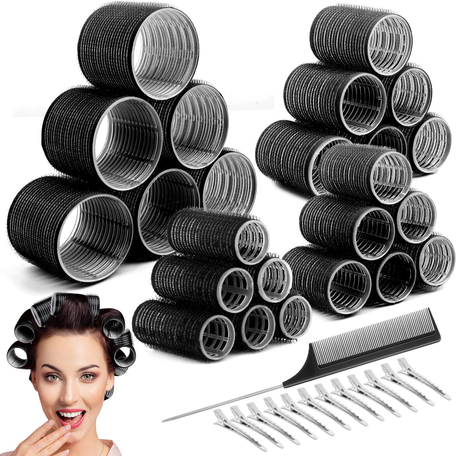 Cludoo 24Pcs Heatless Hair Rollers With 12 Clips - 4 Sizes (Large  Medium  Small) For Volume  Curls On Long  Short  Thick Or Fine Hair