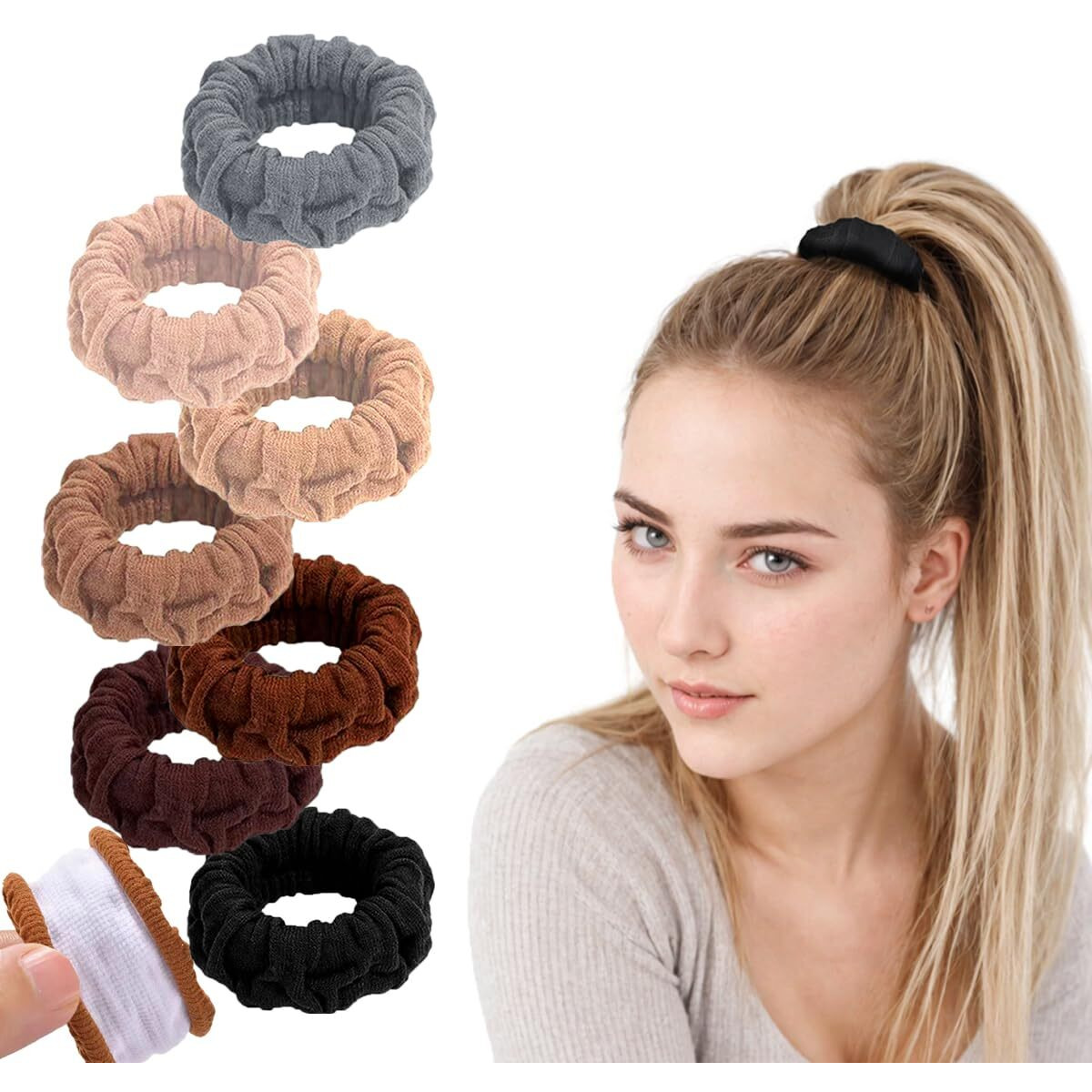 Vrose Flosi Hair Scrunchies For Women 's Hair Black Seamless Hair Ties No Damage Ponytail Holders With All Day Hold Thick & Curly & Heavy Fine Hair Accessories Strong Elasticity No Snag Dents Breakage
