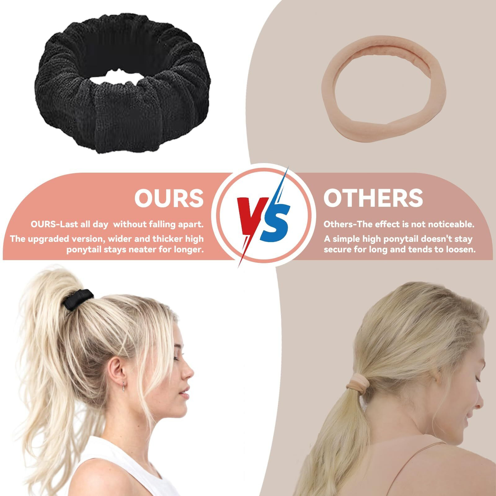 Vrose Flosi Hair Scrunchies For Women 's Hair Black Seamless Hair Ties No Damage Ponytail Holders With All Day Hold Thick & Curly & Heavy Fine Hair Accessories Strong Elasticity No Snag Dents Breakage