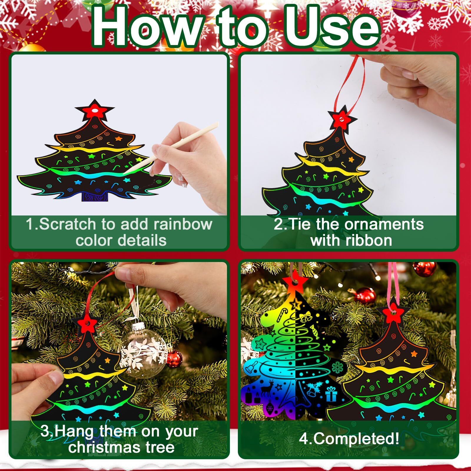 Julmelon 36 Pcs Christmas Scratch Art  Christmas Crafts For Kids Magic Rainbow Scratch Paper Cards Christmas Tree Hanging Ornaments Decorations Diy Winter Holiday Party Favors