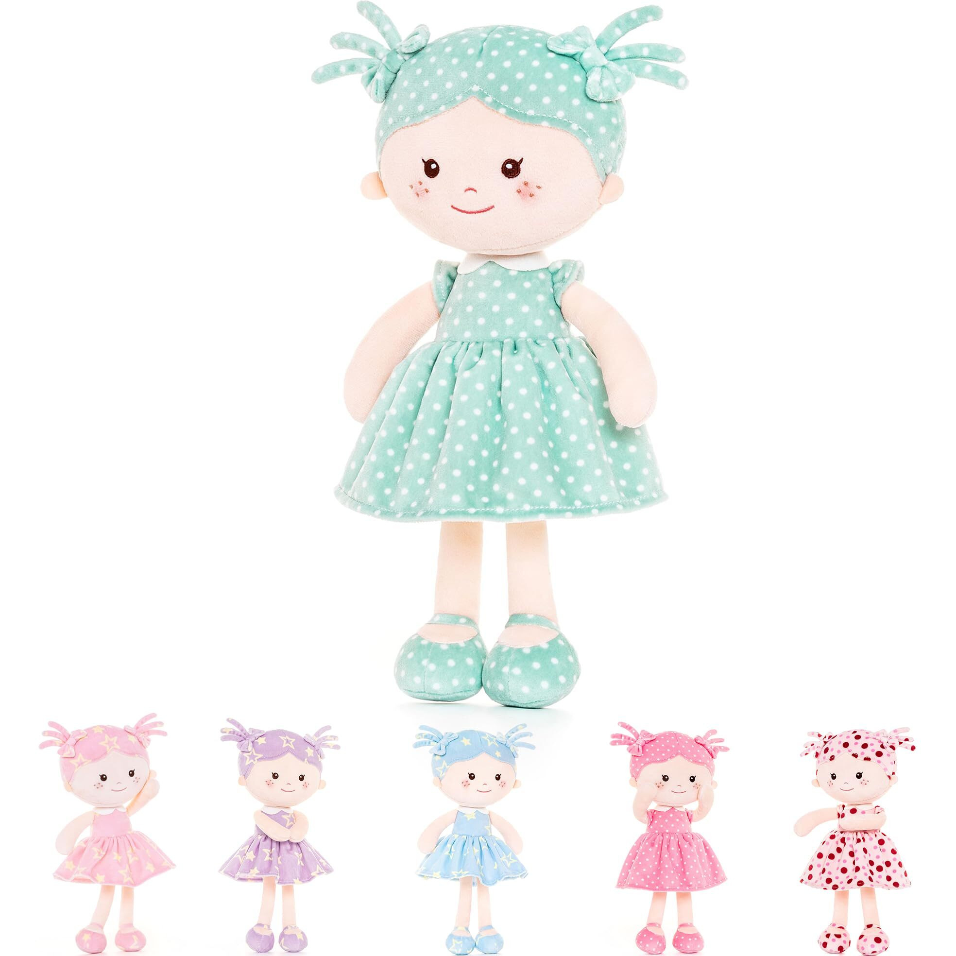 Onetoo Plush Rag Doll My First Baby Doll Soft Baby Doll For Girls Sleeping Cuddle Buddy Doll Wear Green Dress White Polka Dot 14""(Milly Series)
