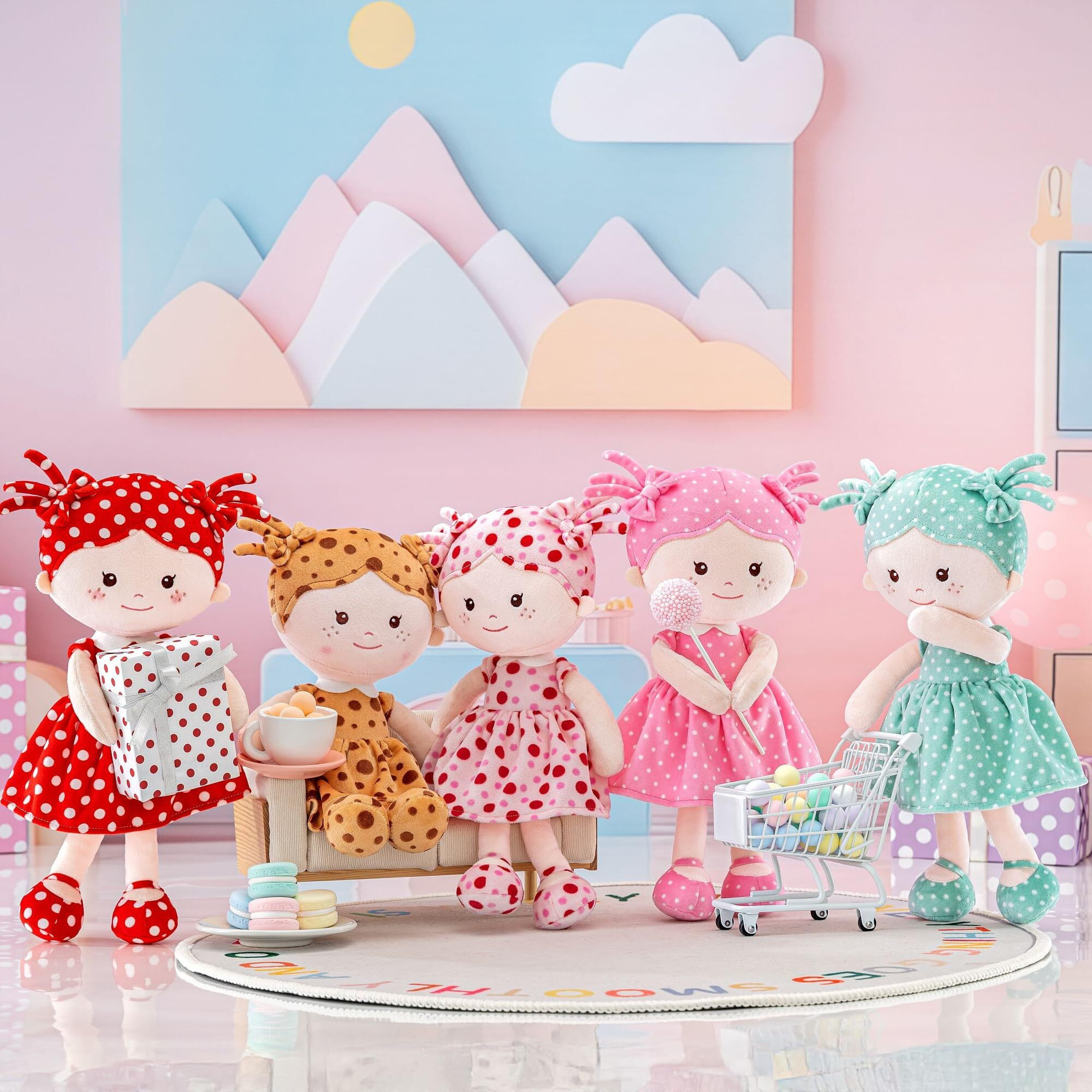 Onetoo Plush Rag Doll My First Baby Doll Soft Baby Doll For Girls Sleeping Cuddle Buddy Doll Wear Green Dress White Polka Dot 14""(Milly Series)