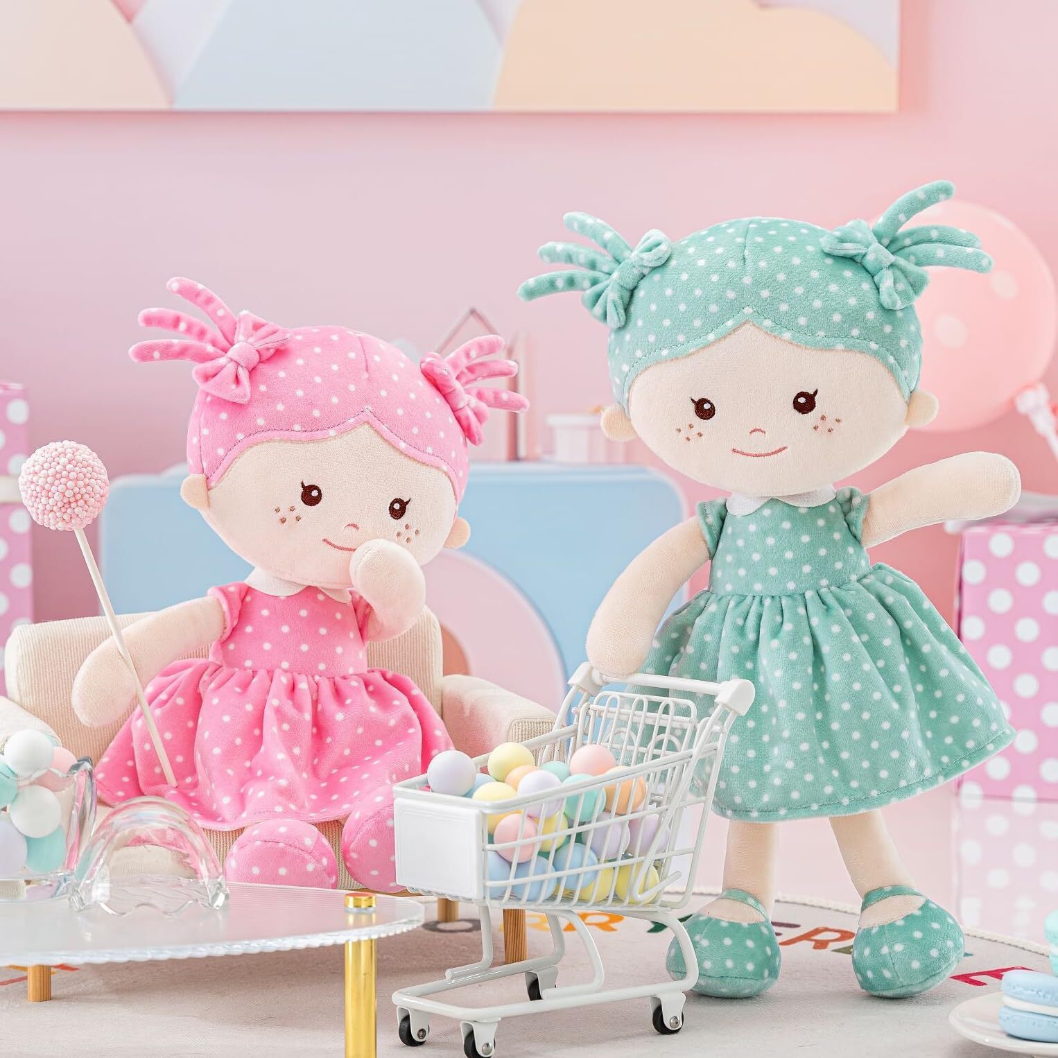 Onetoo Plush Rag Doll My First Baby Doll Soft Baby Doll For Girls Sleeping Cuddle Buddy Doll Wear Green Dress White Polka Dot 14""(Milly Series)