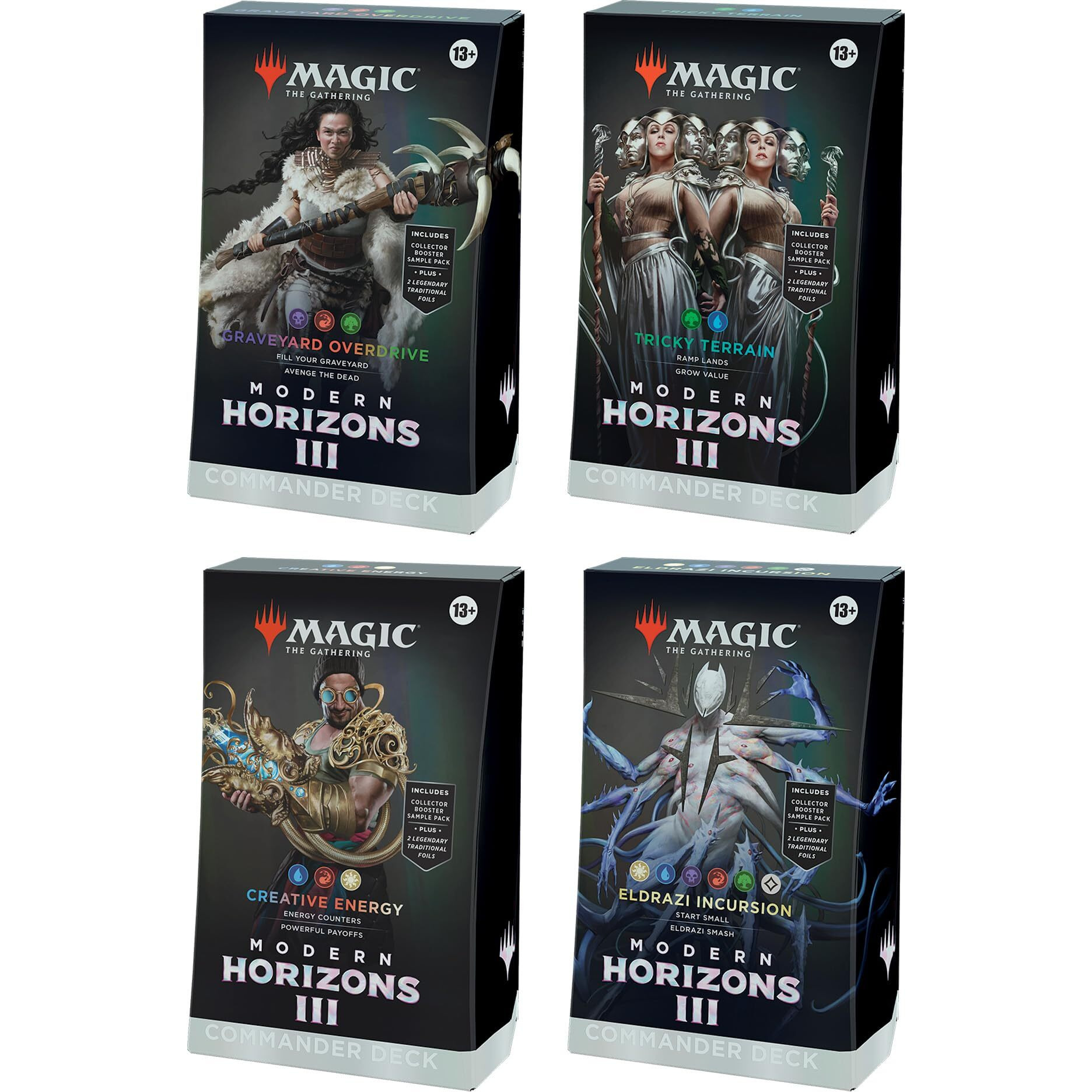 Magic The Gathering Modern Horizons 3 Commander Deck Bundle - Includes All 4 Decks (Graveyard Overdrive  Tricky Terrain  Creative Energy  And Eldrazi Incursion)