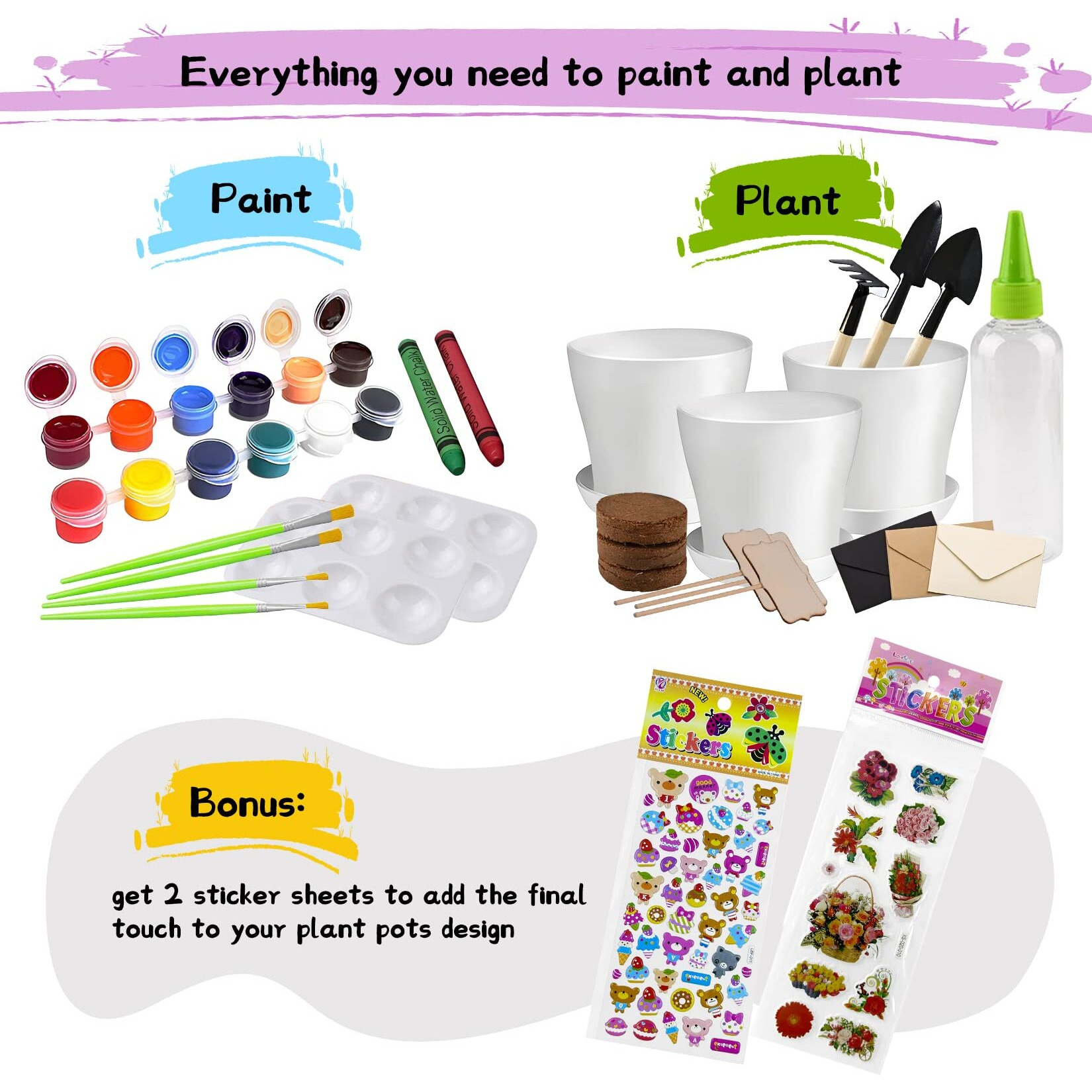 Paint & Plant Childrens Gardening Kit For Girls Boys Toys Garden Flower Gardening Gift For Kids Flower Pots Seeds Art Craft Grow Garden Planting Set For Kids Age 4 5 6 7 8 9 10 11 12 13 14 Years Old