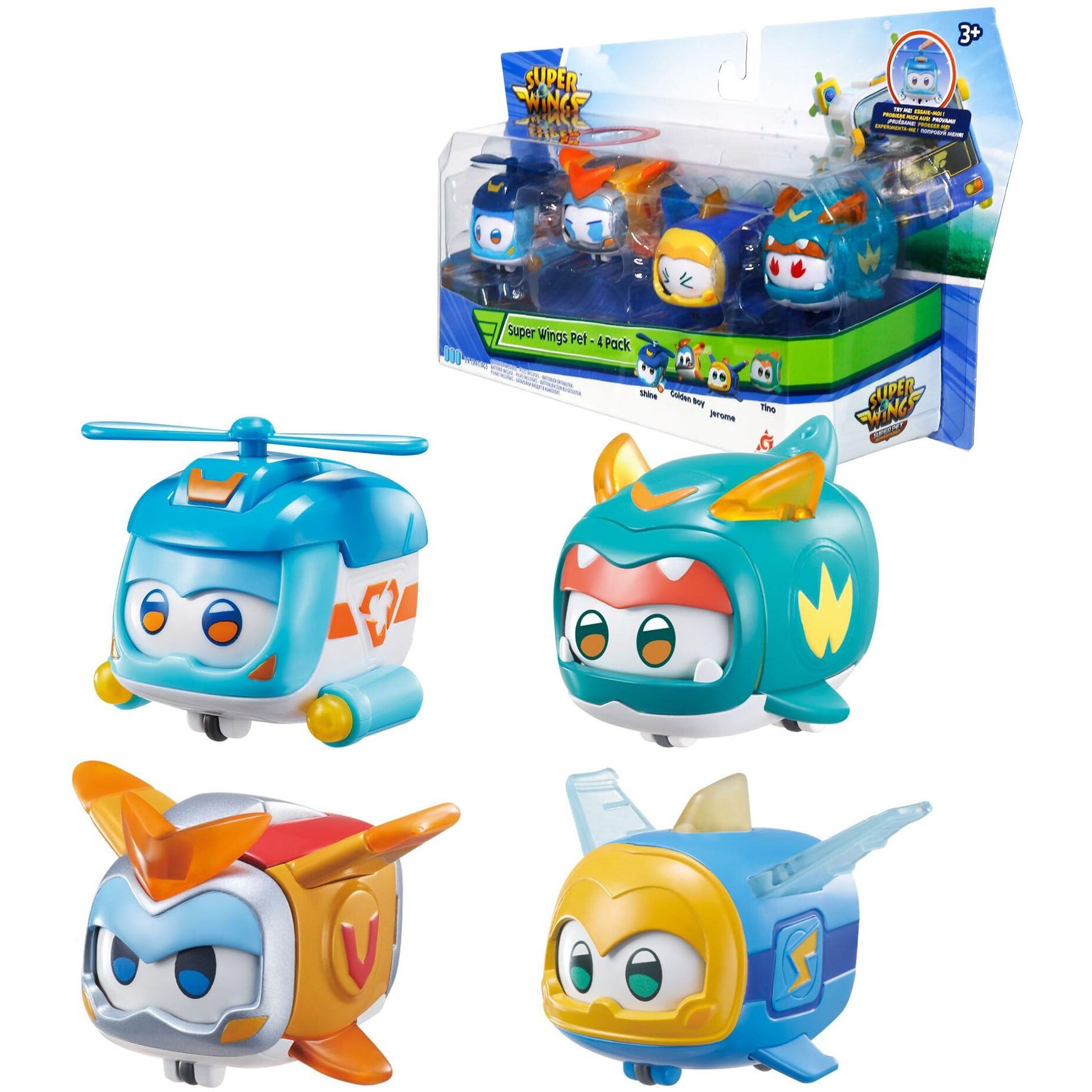 Super Wings Toys  4 Pcs Super Pet Sets  Glow And Face-Changing Transformer Toys Jerome Golden Boy Shine Tino Pet  Stacking Toys For Toddlers Kids 3 4 5 6 7 Year Old