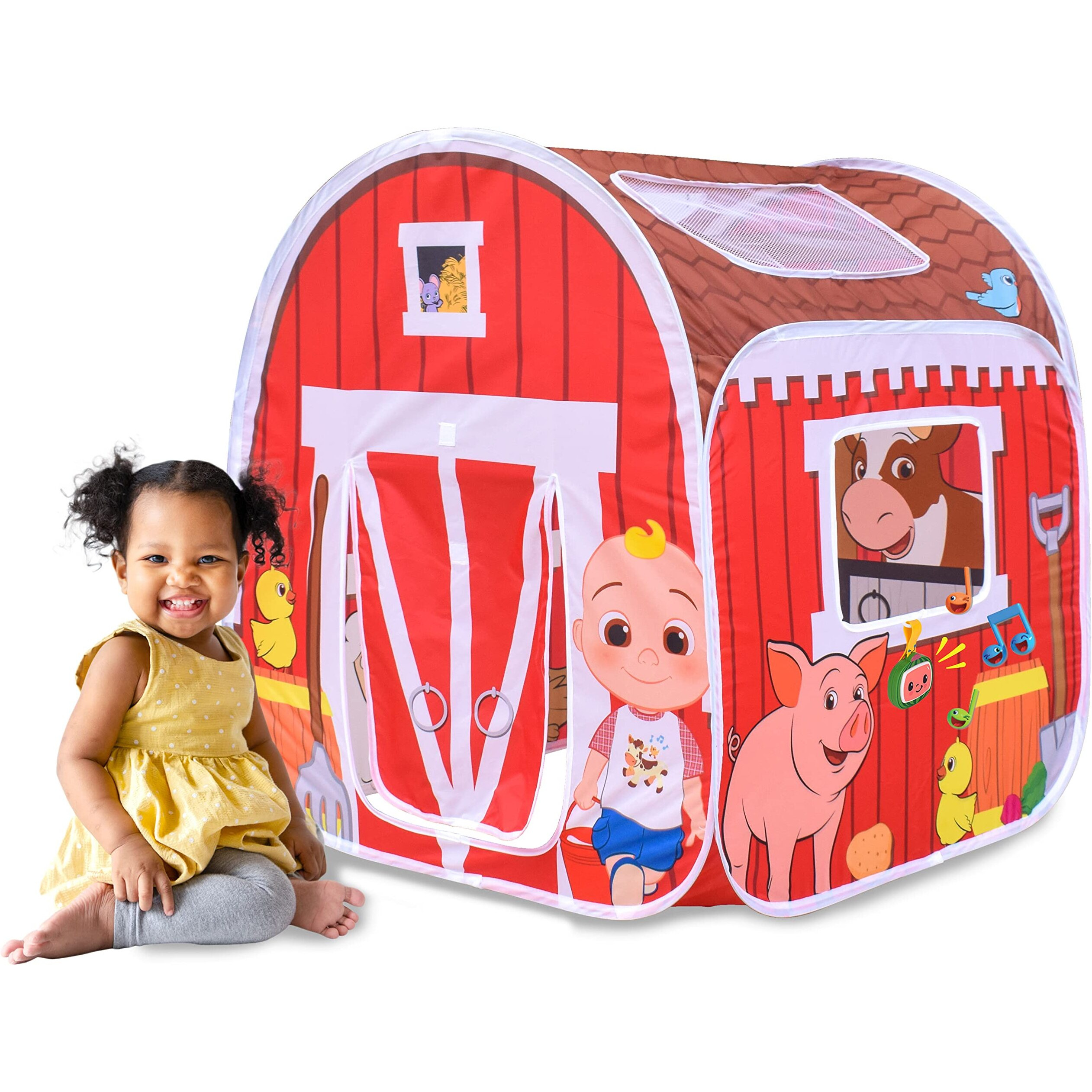 Cocomelon Old Macdonald's Musical Barn Pop Up Tent - Easy To Setup Playhouse For Kids | Plays Music  Roll Up Door And Mesh Windows