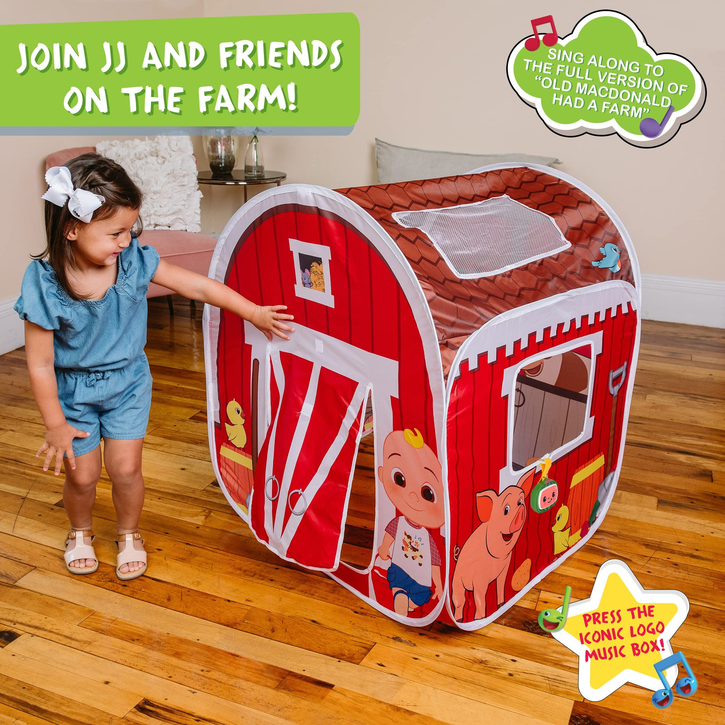 Cocomelon Old Macdonald's Musical Barn Pop Up Tent - Easy To Setup Playhouse For Kids | Plays Music  Roll Up Door And Mesh Windows