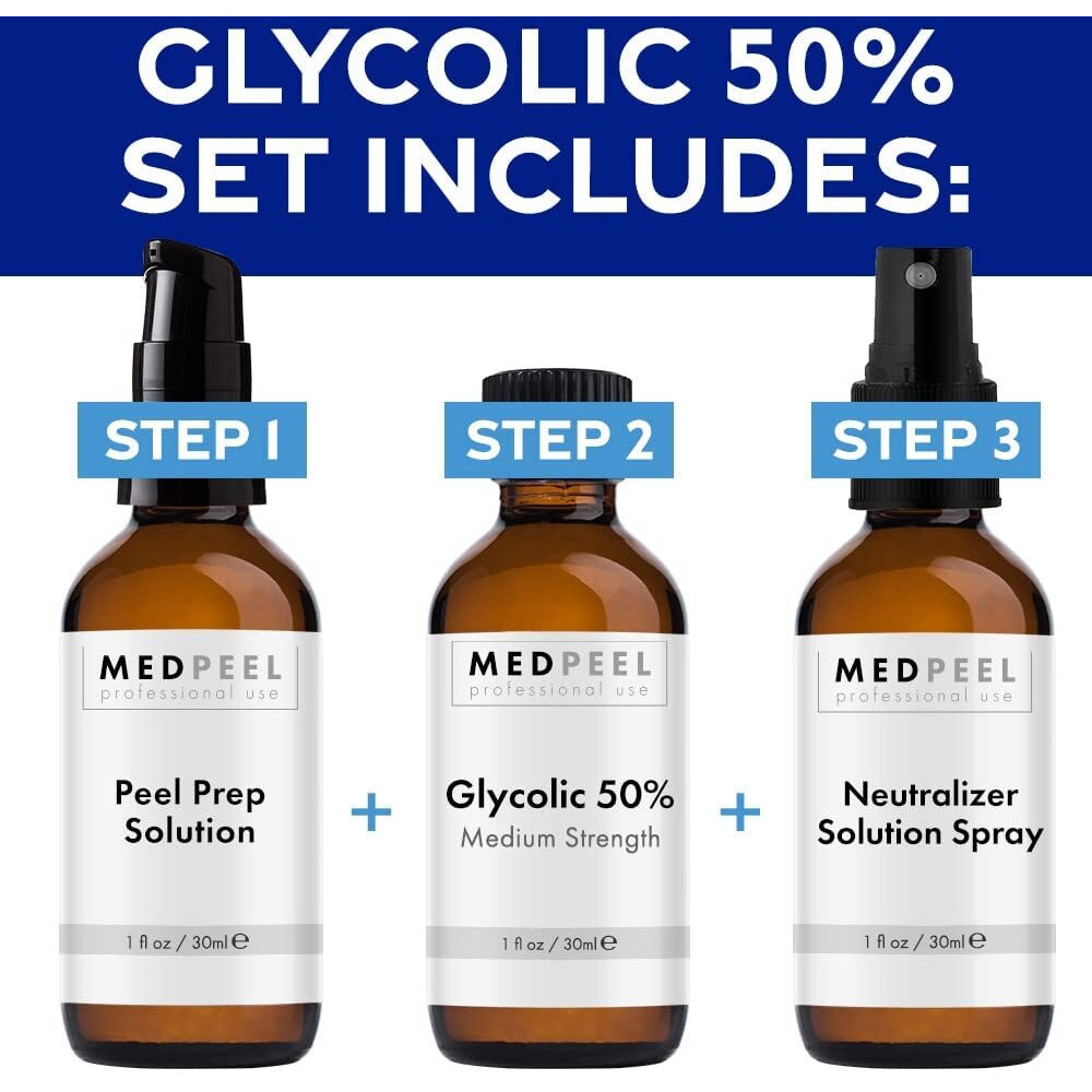 Medpeel Glycolic Acid 50% Essential Peel Kit  Includes Peel  Prep  Neutralizer  Medium Strength Chemical Face Peel  Minimize Fine Lines  Wrinkles  Dark Spots  All Skin Tones  1Oz/30Ml (Kit Of 3)