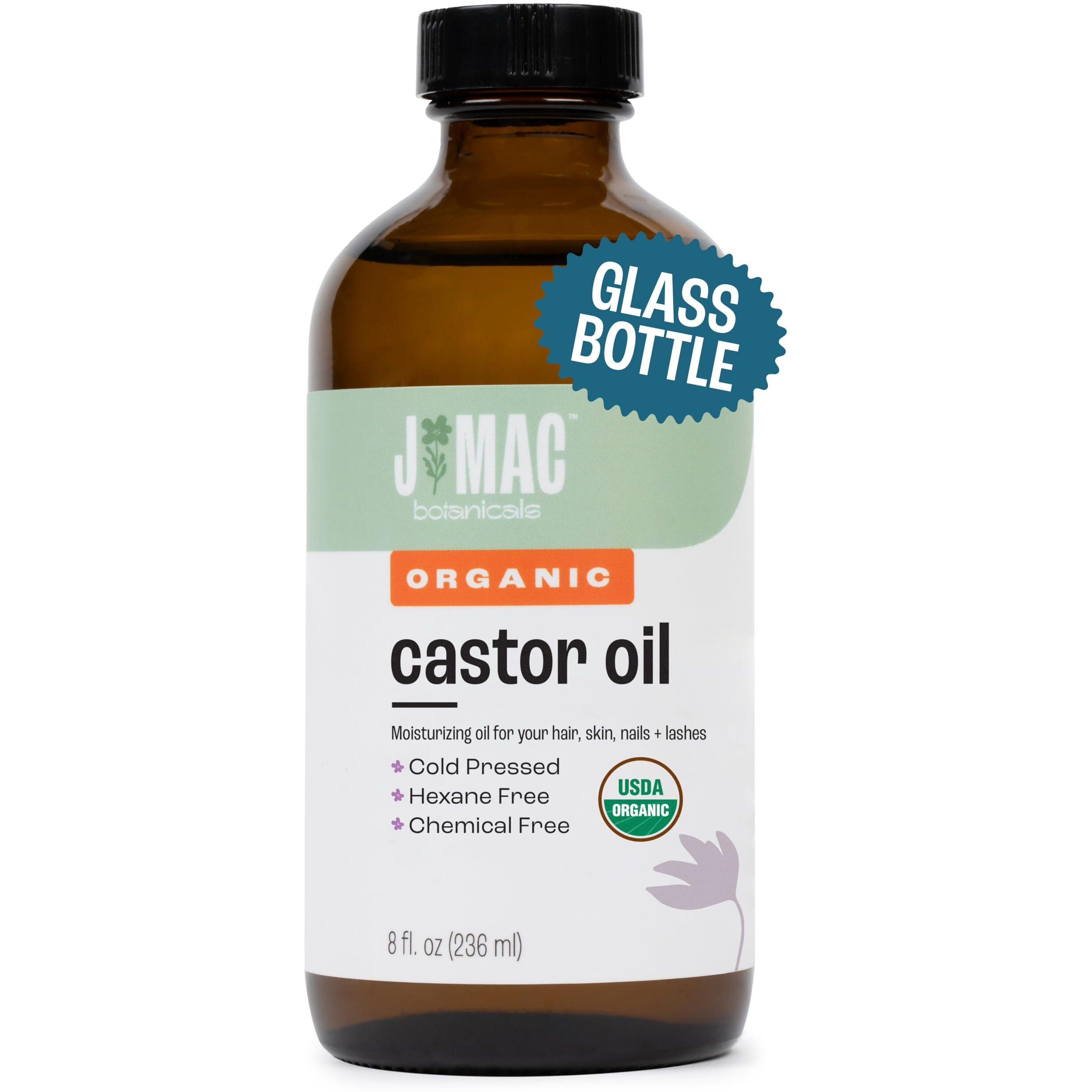 J Mac Botanicals  Organic Castor Oil Cold Pressed (Glass Bottle  8 Oz) Pure Unrefined  Hexane Free For Face  Skin  Eyelashes  Pack Wraps  Pads
