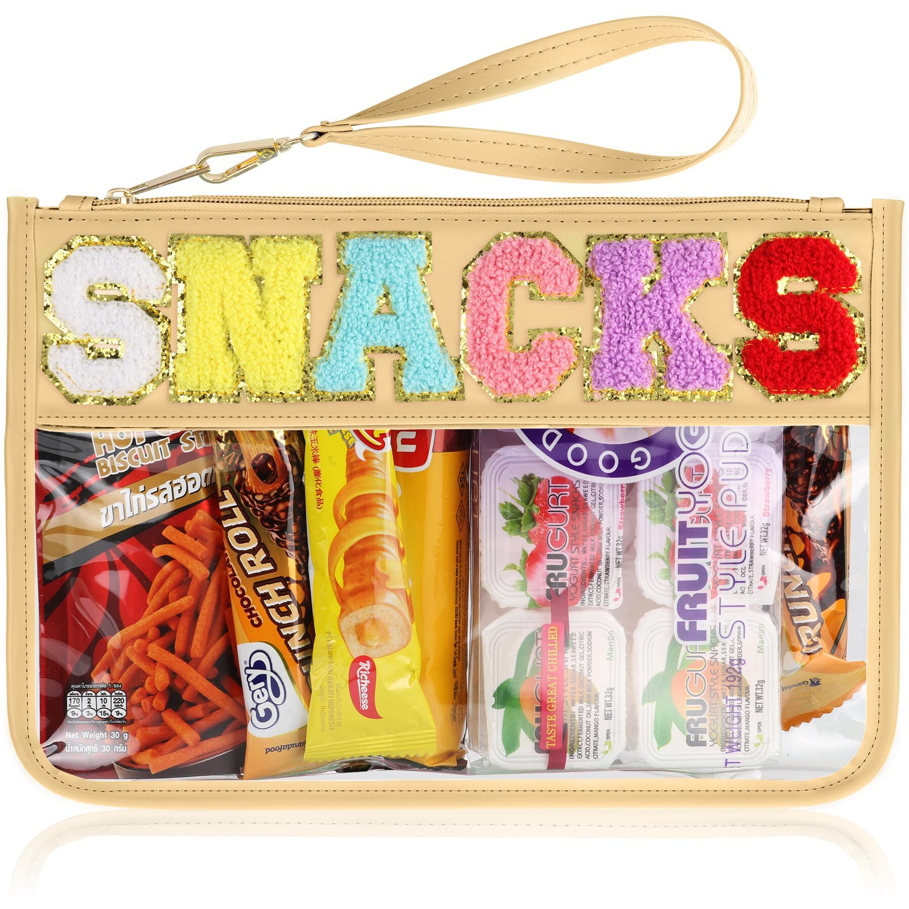 Tesafng Snack Bag For Travel - Clear Chenille Varsity Letter Flat Pouch With Zipper  Waterproof Clear Pvc&Pu Preppy Patch Makeup Cosmetic Tote Bags For Women Girls (Beige-Snacks)