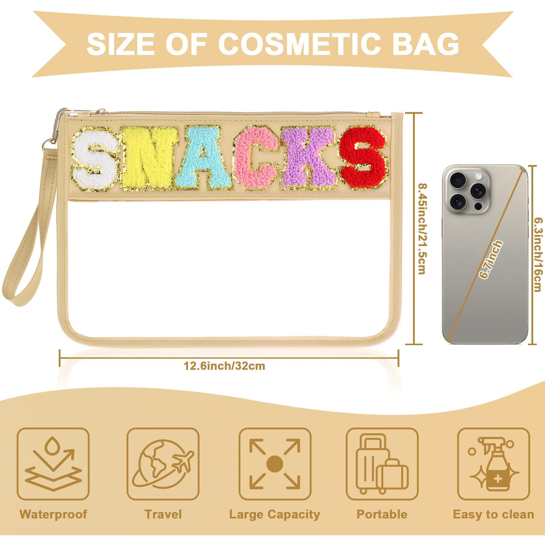 Tesafng Snack Bag For Travel - Clear Chenille Varsity Letter Flat Pouch With Zipper  Waterproof Clear Pvc&Pu Preppy Patch Makeup Cosmetic Tote Bags For Women Girls (Beige-Snacks)