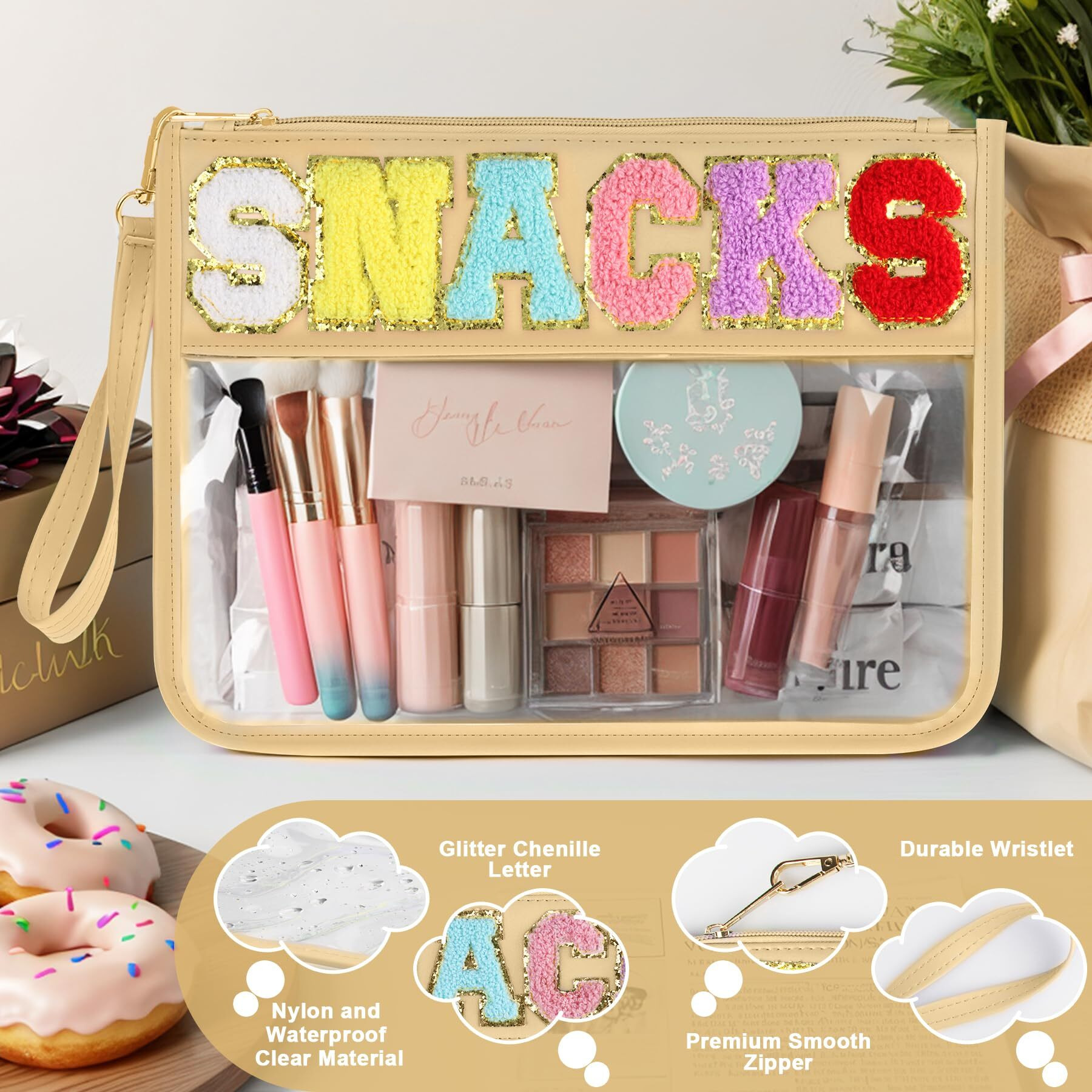 Tesafng Snack Bag For Travel - Clear Chenille Varsity Letter Flat Pouch With Zipper  Waterproof Clear Pvc&Pu Preppy Patch Makeup Cosmetic Tote Bags For Women Girls (Beige-Snacks)