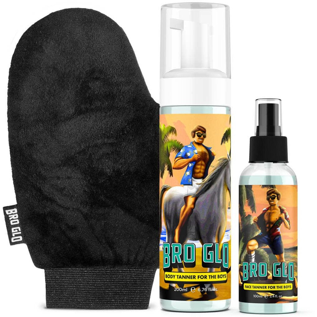 Bro Glo Self Tanner For The Boys - Starter Bundle - Easy Sunless Tan For Your Face & Body With Mitt Applicator - Oil Free Water Based For Faster Skin Drying - Natural Sun Kissed Bronze Color Perfect For Men - Gift Set (Starter Bundle)