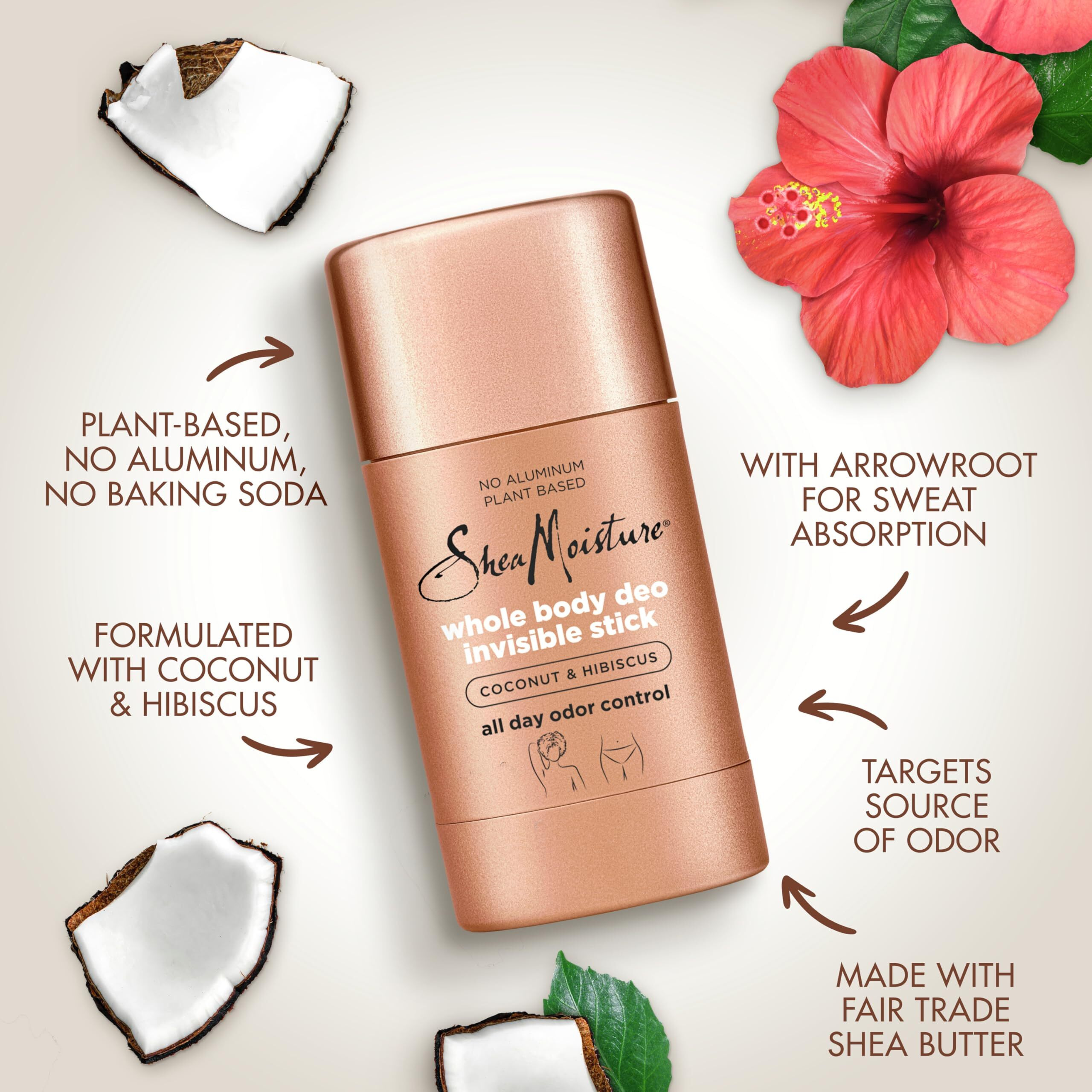 Sheamoisture Invisible Deo Stick Coconut & Hibiscus 3Count Whole Body Plant Based  No Aluminum 2.6 Oz