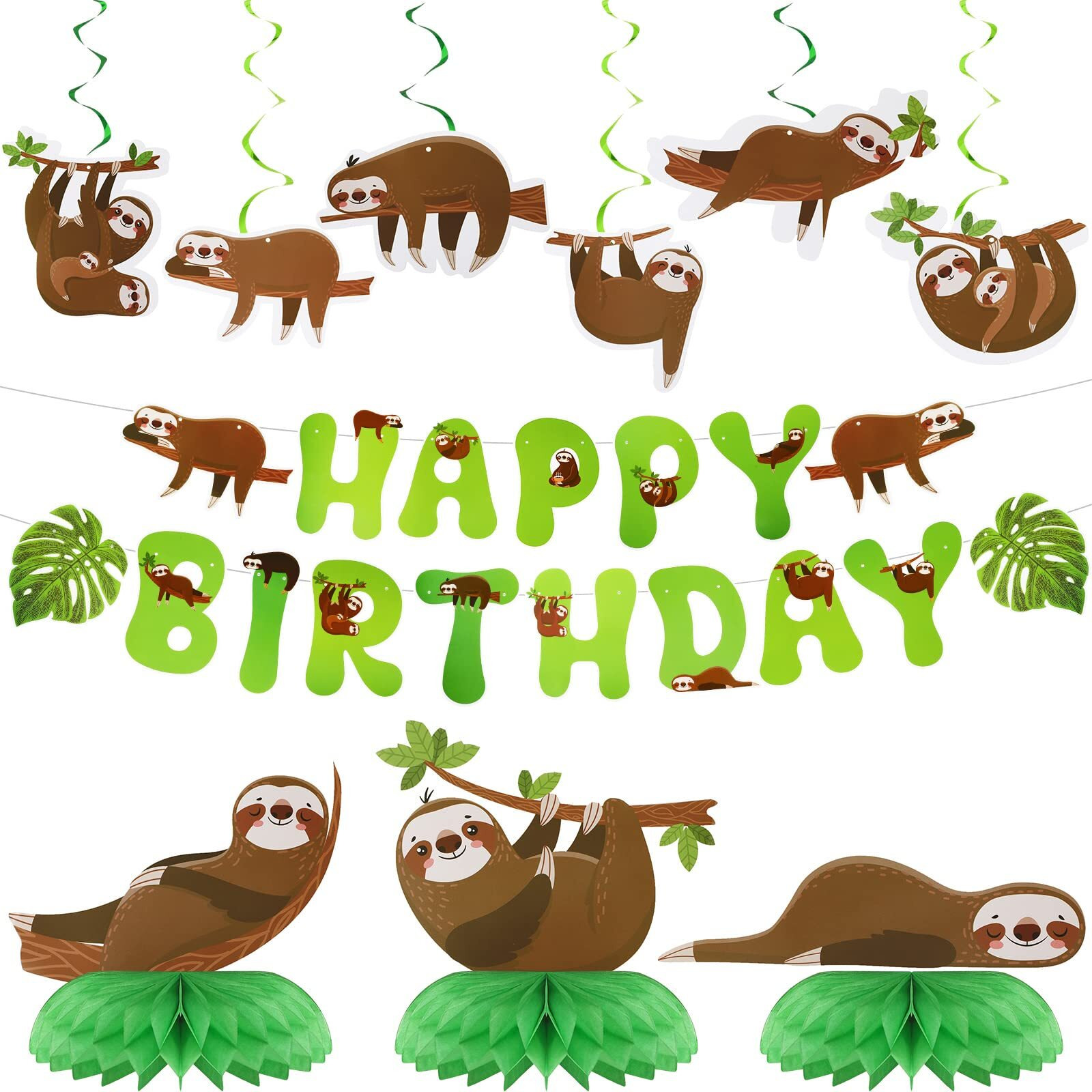 17 Pcs Dog Sloth Party Decorations And Supplies Including 2 Birthday Banner  3 Honeycomb Centerpieces  6 Hanging Swirls  6 Hanging Card  Puppy Sloth Theme Birthday Party Favors (Sloth Style)