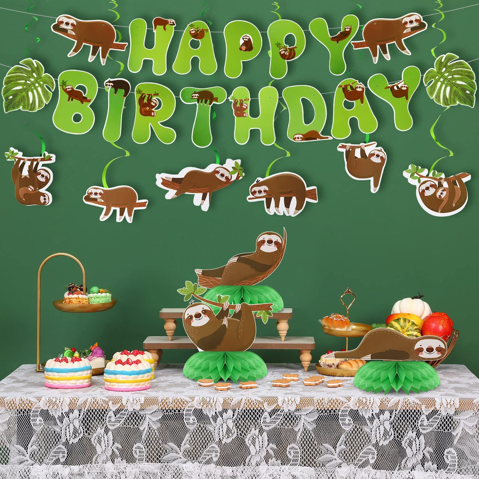 17 Pcs Dog Sloth Party Decorations And Supplies Including 2 Birthday Banner  3 Honeycomb Centerpieces  6 Hanging Swirls  6 Hanging Card  Puppy Sloth Theme Birthday Party Favors (Sloth Style)