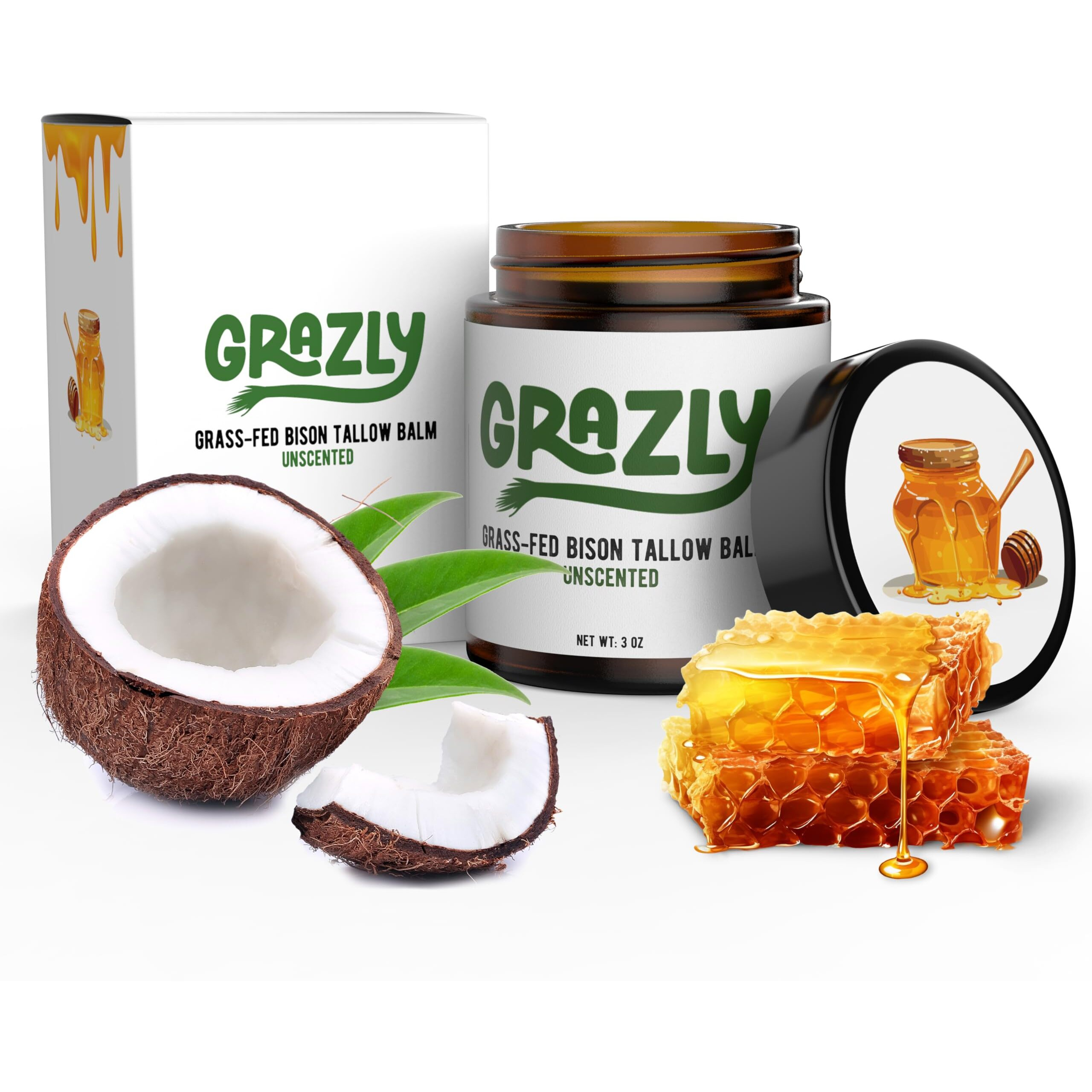 Grazly Unscented Manuka Honey & Bison Tallow Balm - 100% Organic  Grass-Fed Face & Body Moisturizer For Dry Skin  Acne-Prone Skin & Wrinkles - Ancestral Formula With Coconut Oil  Raw Beeswax - 3Oz
