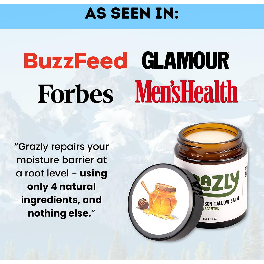 Grazly Unscented Manuka Honey & Bison Tallow Balm - 100% Organic  Grass-Fed Face & Body Moisturizer For Dry Skin  Acne-Prone Skin & Wrinkles - Ancestral Formula With Coconut Oil  Raw Beeswax - 3Oz