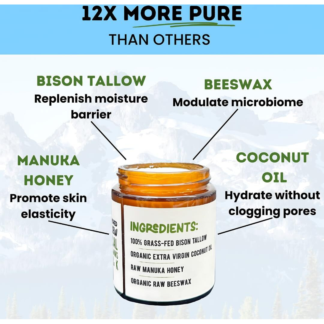 Grazly Unscented Manuka Honey & Bison Tallow Balm - 100% Organic  Grass-Fed Face & Body Moisturizer For Dry Skin  Acne-Prone Skin & Wrinkles - Ancestral Formula With Coconut Oil  Raw Beeswax - 3Oz