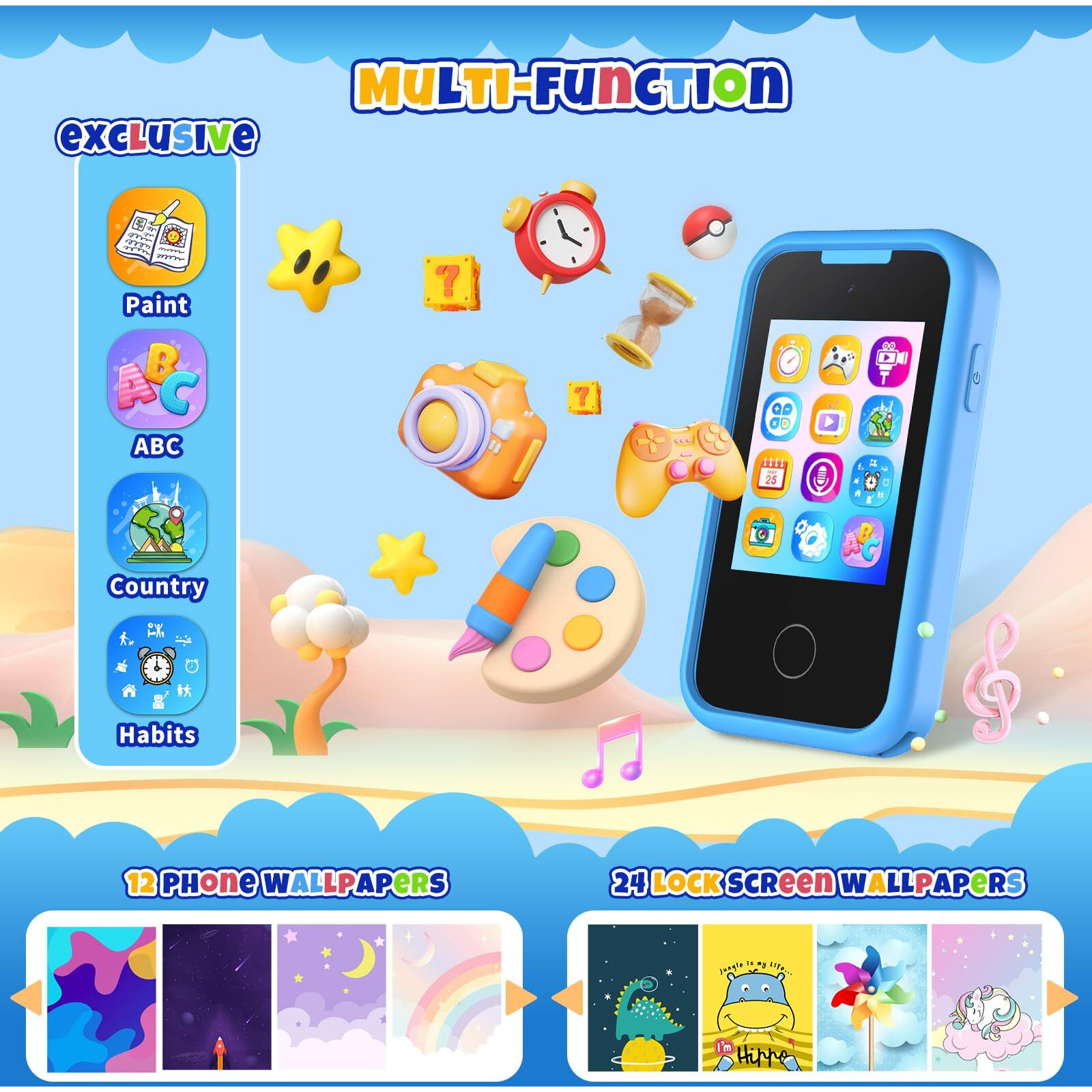 Nikuku Kids Phone For Boys  Kids Smart Phone Dinosaur Toy Christmas Birthday Gifts For Boys 3-8 Years Old  Cell Play Phones For Toddler  Girls Gifts With Music Player Dual Camera 8Gb Tf-Card(Blue)